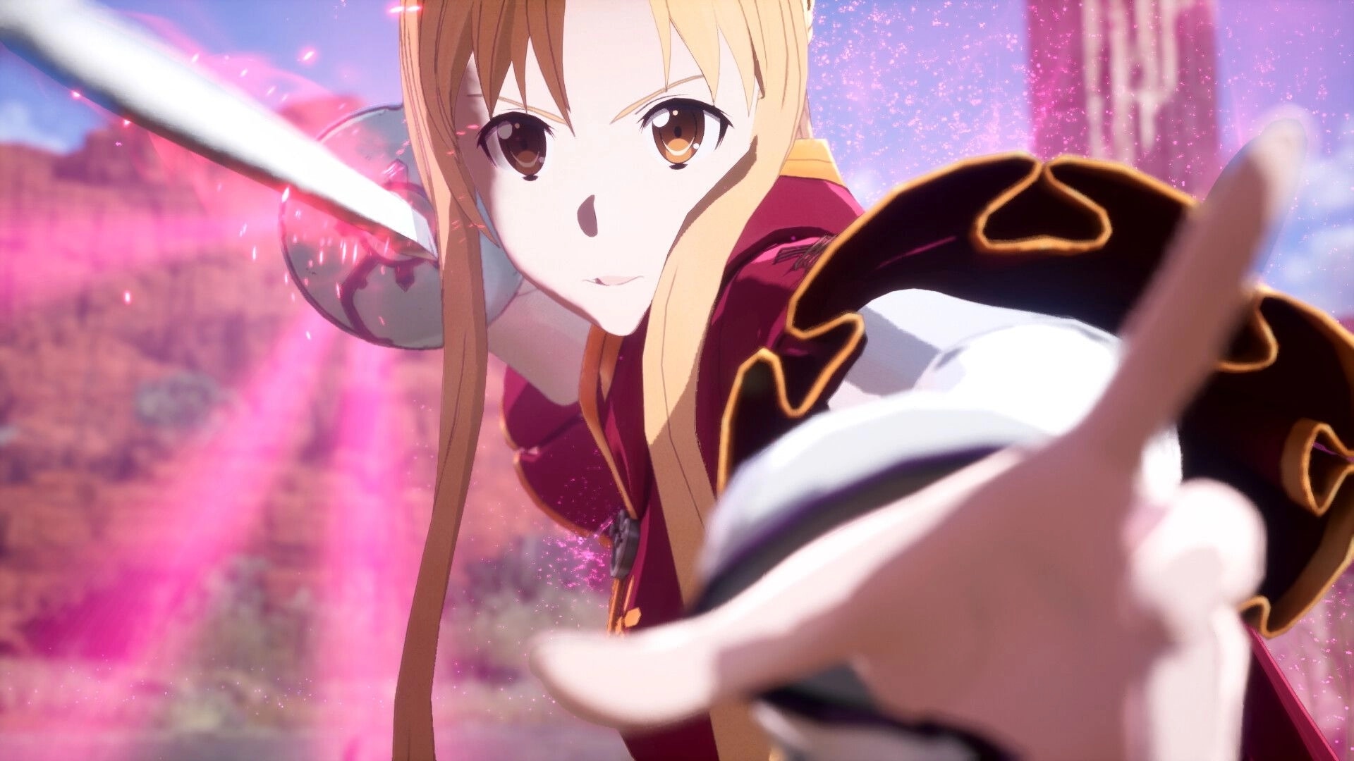 Echoes of Aincrad: Close-up of a female warrior swinging a sword amid pink spark effects in battle scene.