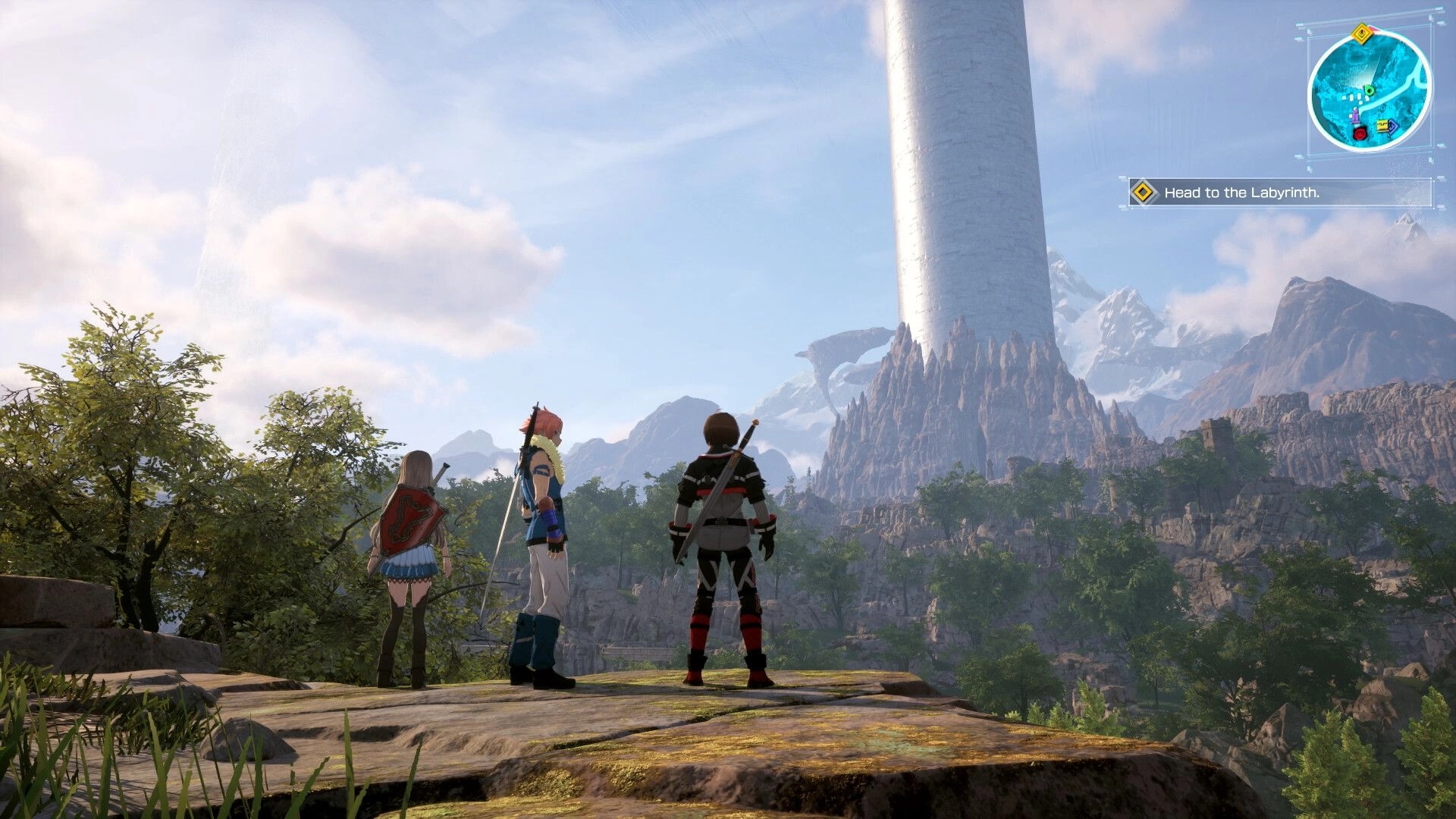 Echoes of Aincrad: Three party members face a giant tower in a valley, minimap quest UI top right.