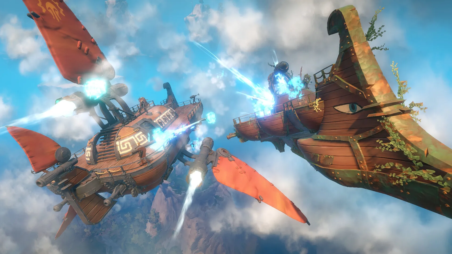 Echoes of Elysium: Two airships in aerial combat above clouds, firing blue energy blasts in sky battle.