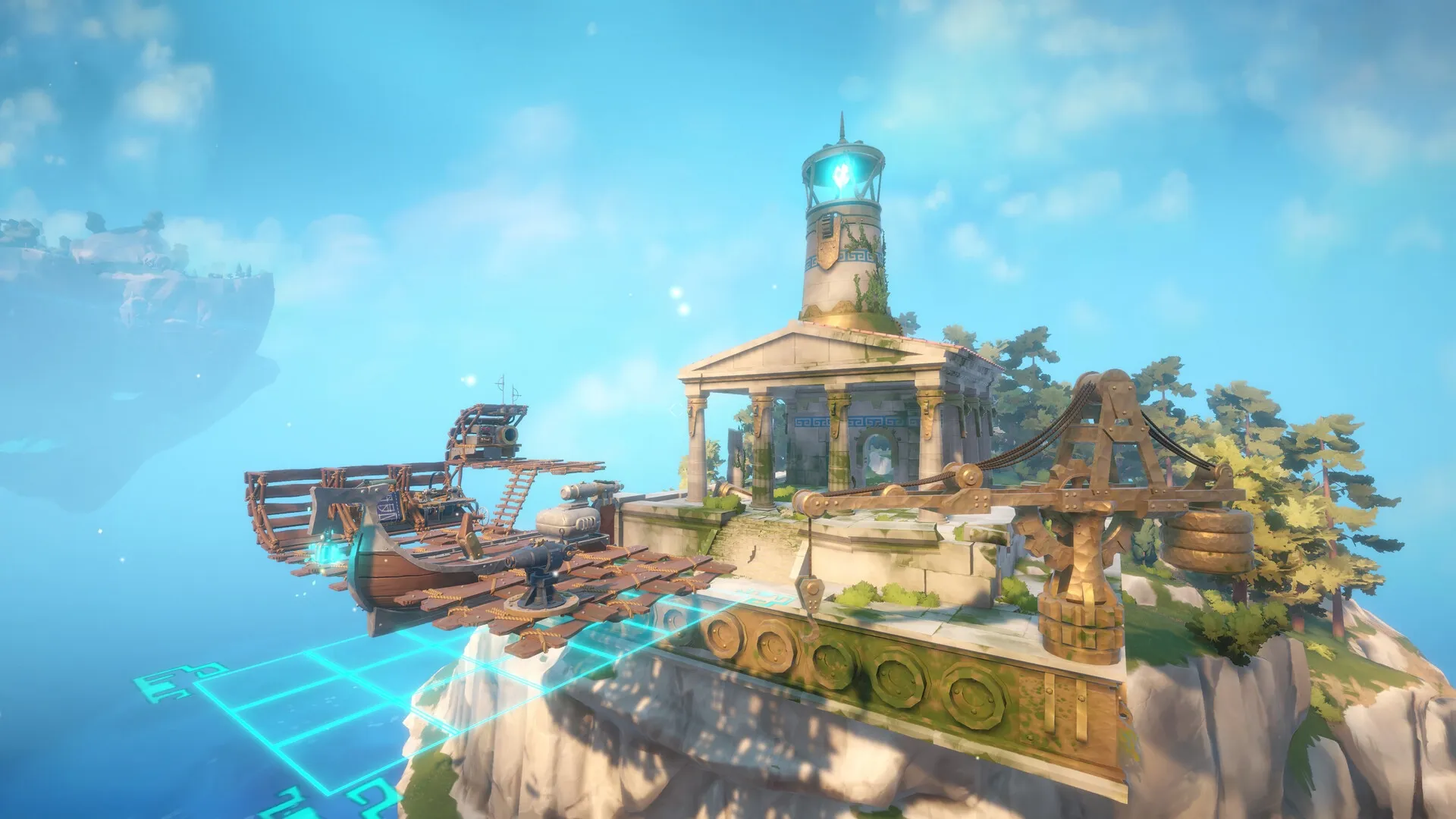 Echoes of Elysium: Airship docked at ancient temple on floating island under bright blue sky