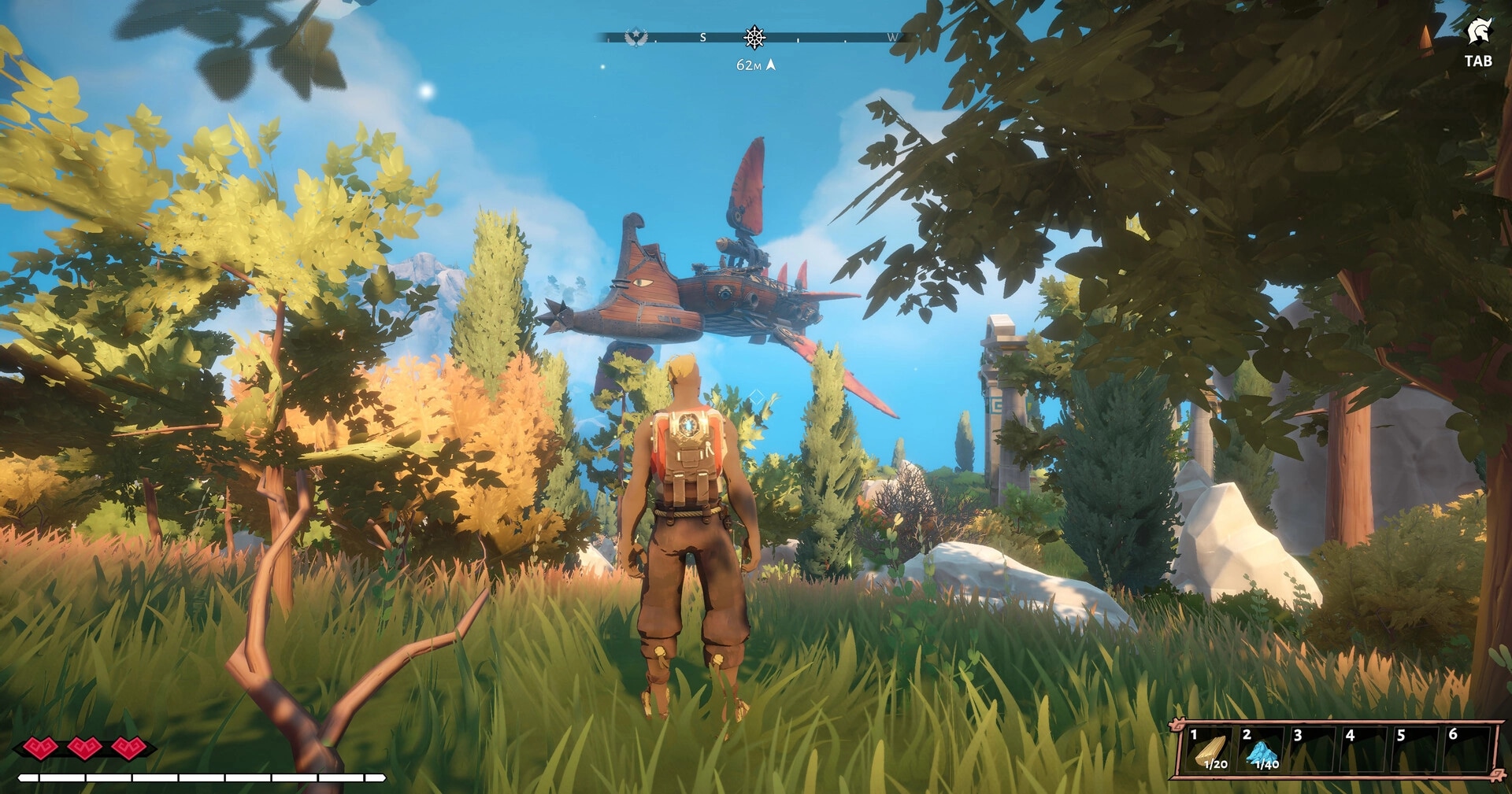 Echoes of Elysium: Character explores forest clearing with distant airship in vibrant daylight environment