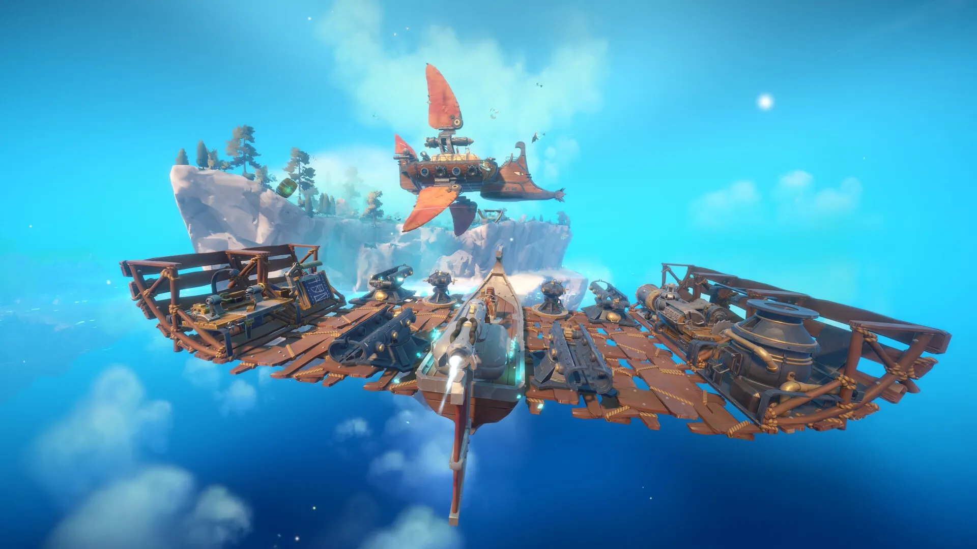 Echoes of Elysium: Airship battle with cannons ready in a vibrant sky above floating islands