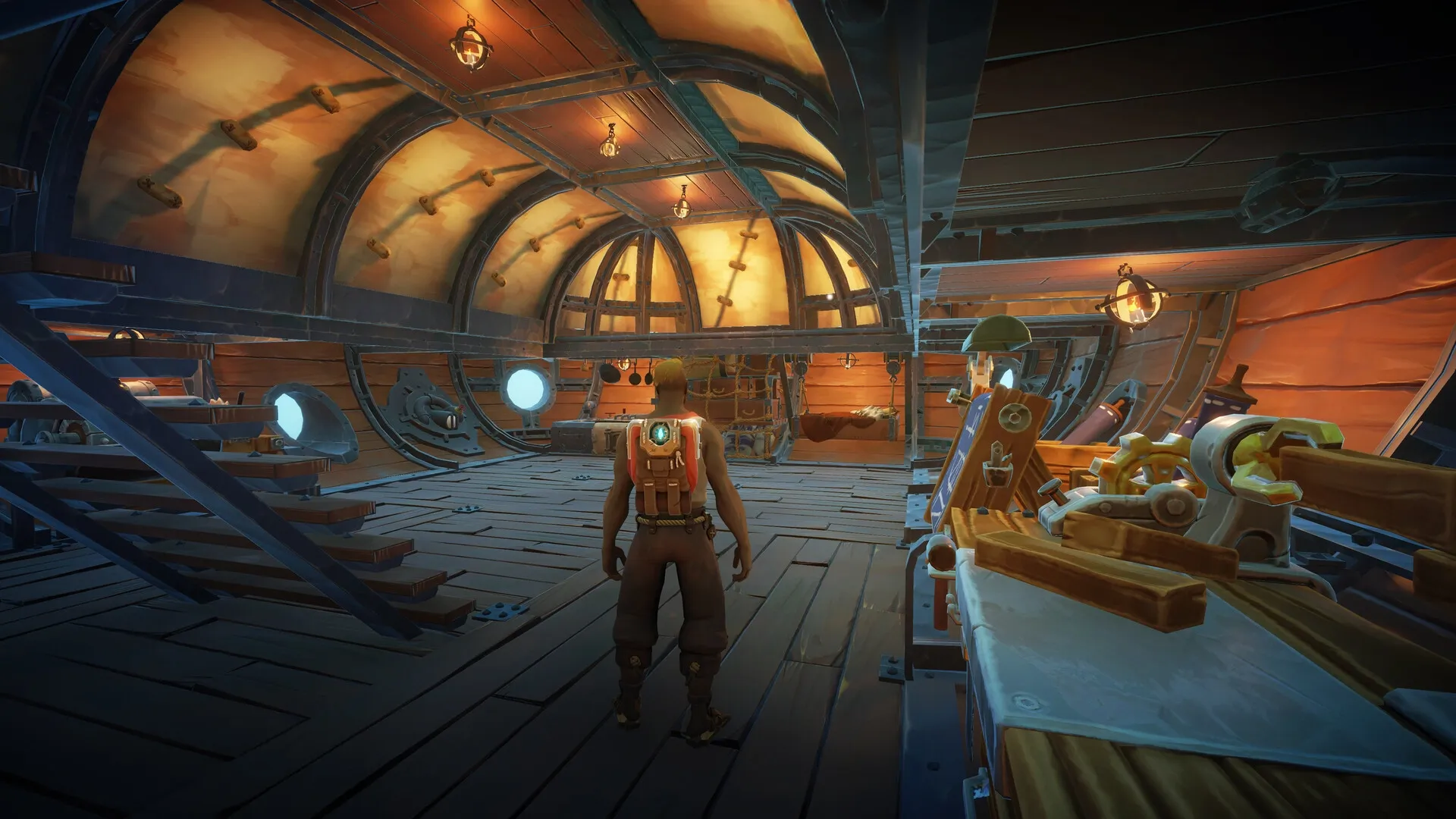 Echoes of Elysium: Character exploring airship interior workshop with tools and machinery in view