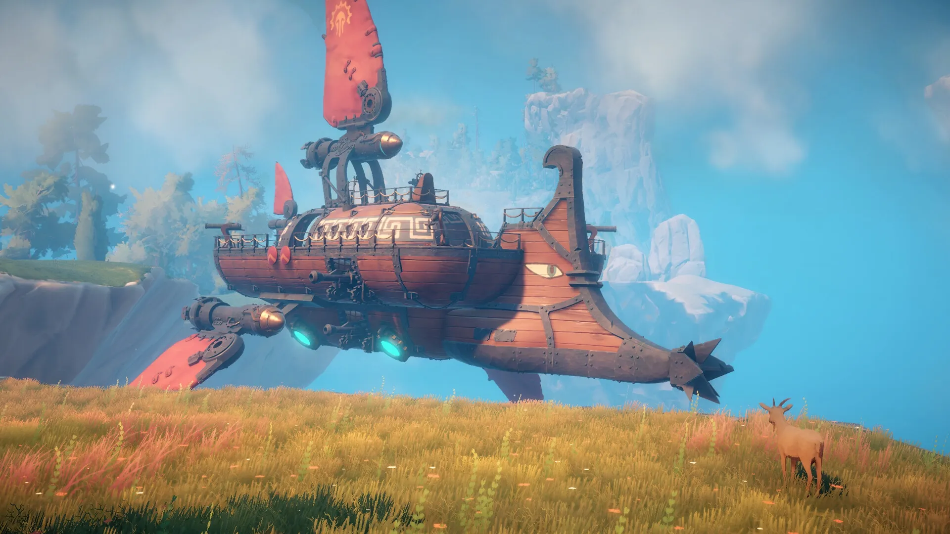 Echoes of Elysium: Large airship hovering over grassy plateau with distant cliffs in vibrant sky