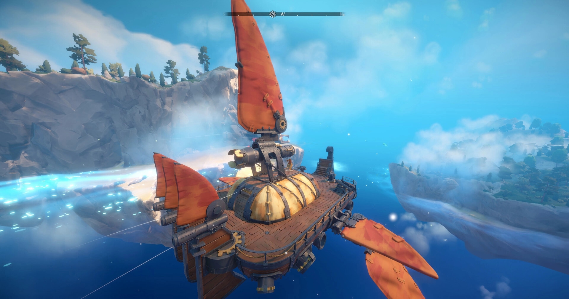 Echoes of Elysium: Airship flying over misty cliffs with orange sails in a vibrant blue sky setting