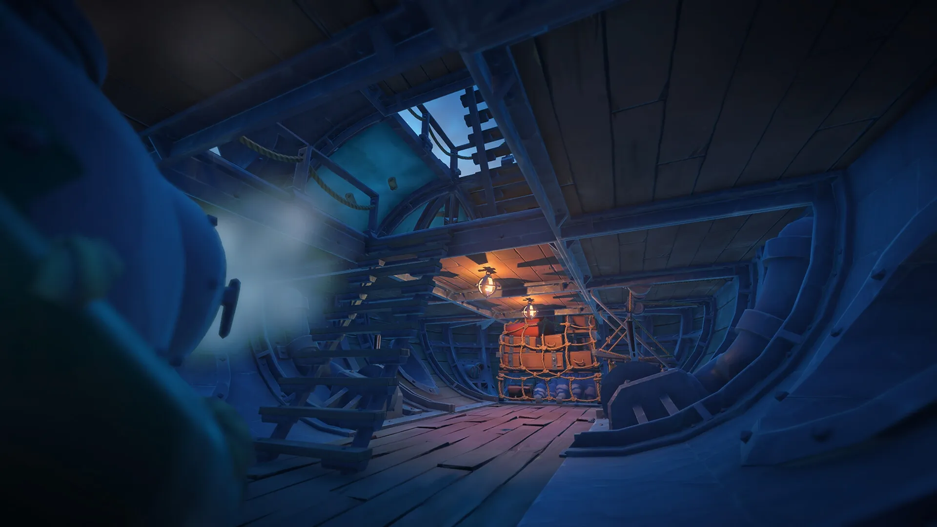 Echoes of Elysium: Dimly lit airship interior with wooden stairs and crates in a blue, metallic setting