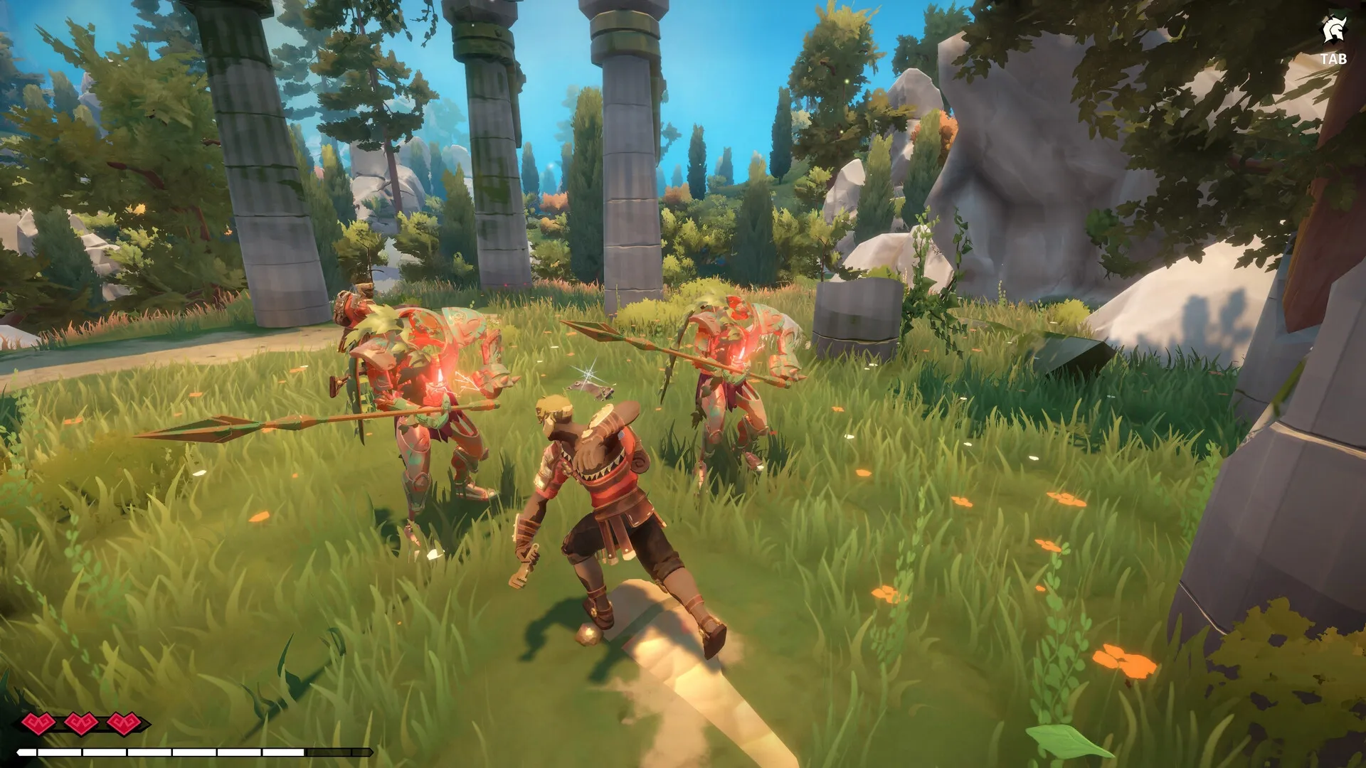 Echoes of Elysium: Player battles robotic enemies with spears in a lush, ancient ruin environment.