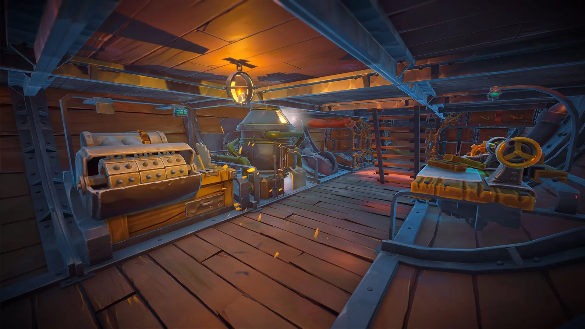 Echoes of Elysium: Airship interior with machinery and wooden floorboards under warm lantern light