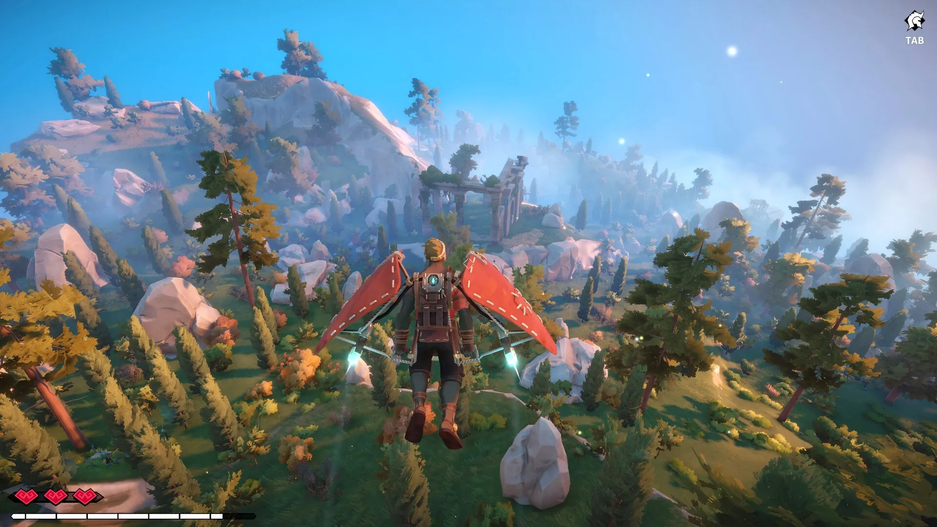 Echoes of Elysium: Player gliding over lush forested mountains using a steampunk jetpack in daylight.