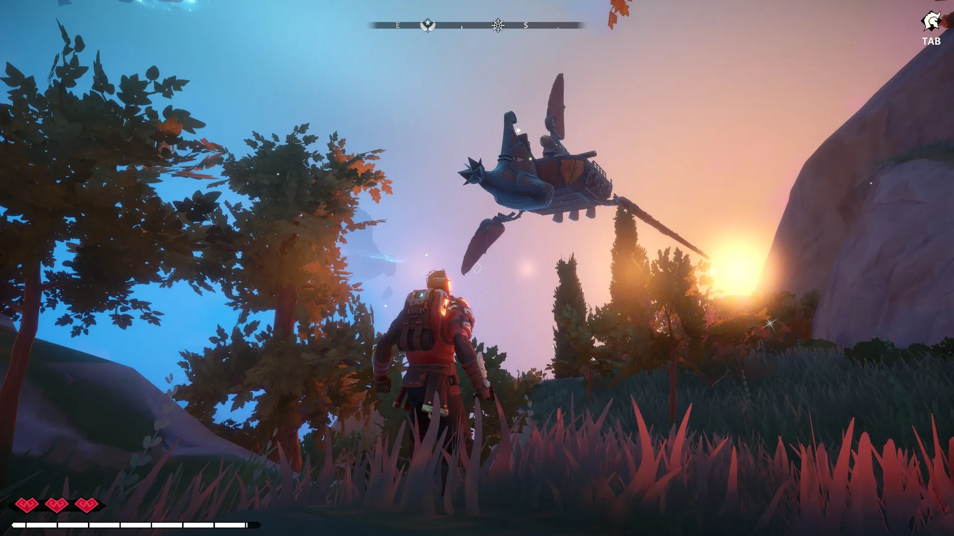 Echoes of Elysium: Character watches airship soar above a vibrant forest at sunset in Elysium.