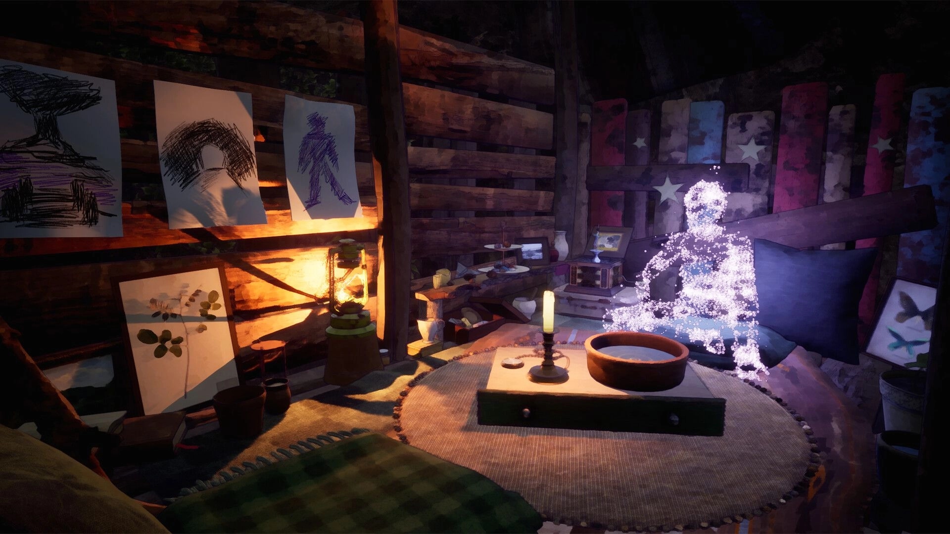 Echoes of Mora: Glowing ghostly figure by a low table with candle and bowl in a wooden hut interior.