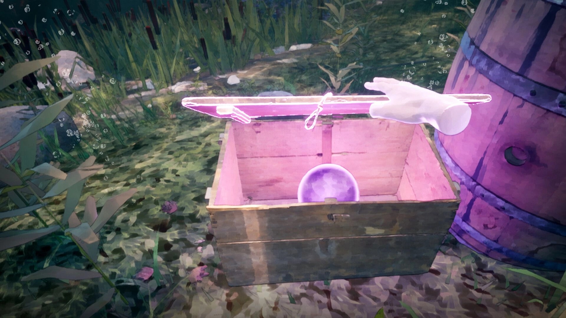 Echoes of Mora: Hand lifts a glowing plank from an open crate underwater beside a wooden barrel.