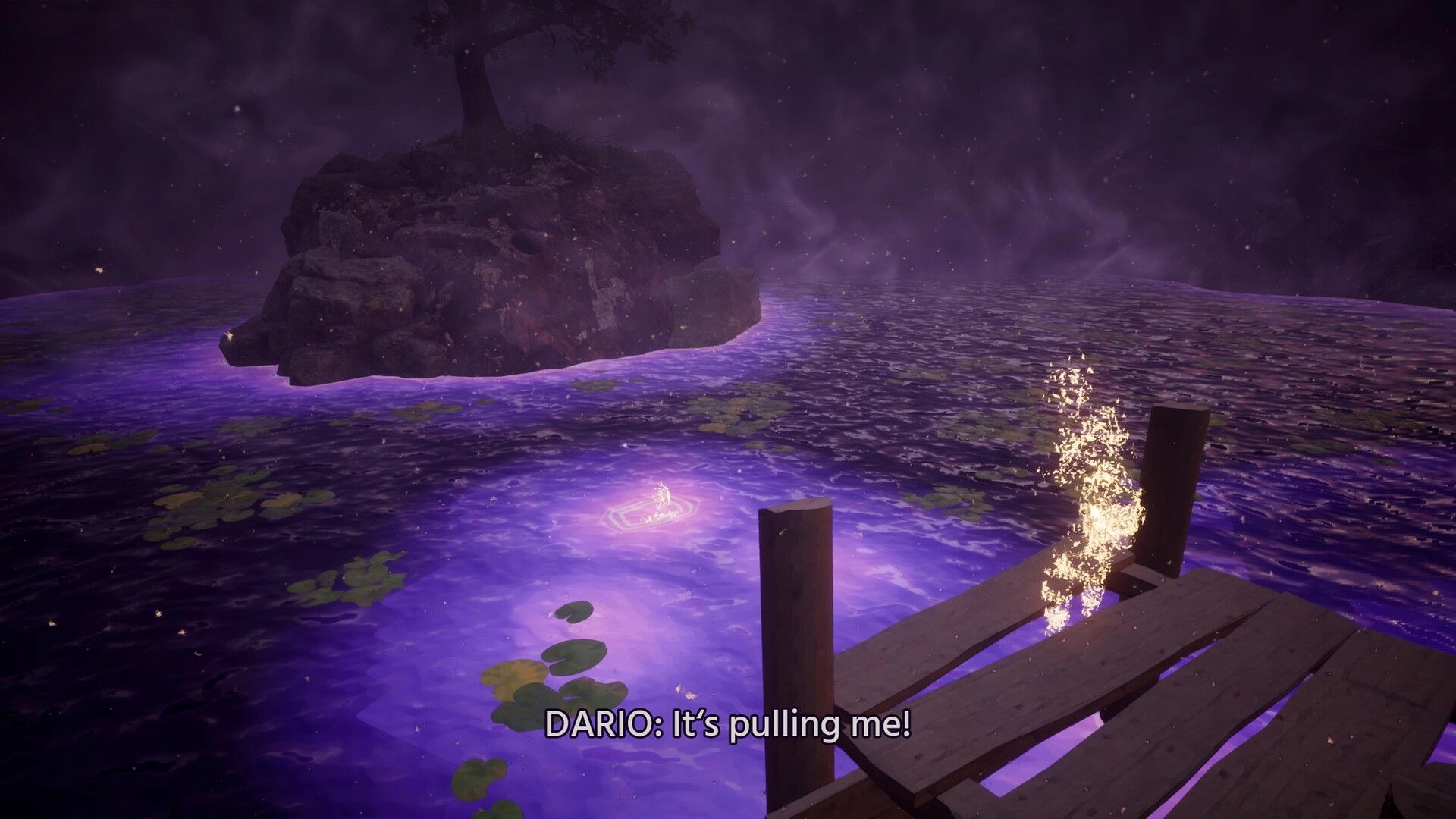 Echoes of Mora: Glowing vortex in purple lake beside dock, subtitle reads "DARIO: It's pulling me!".