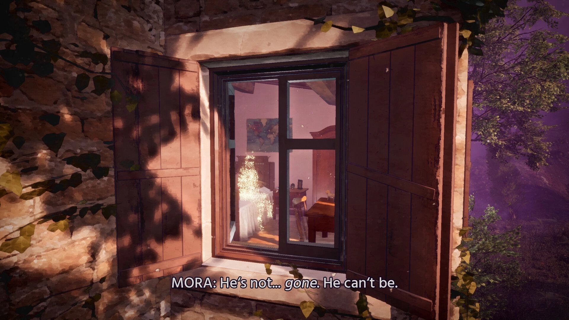 Echoes of Mora: Looking through open shutters at a glowing figure inside a cozy room at dusk.