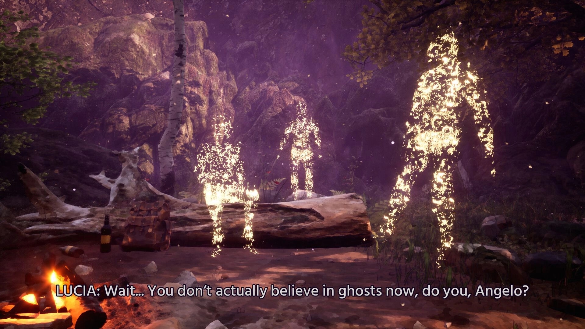 Echoes of Mora: Glowing ghost silhouettes by a campfire in a rocky forest clearing with subtitles.