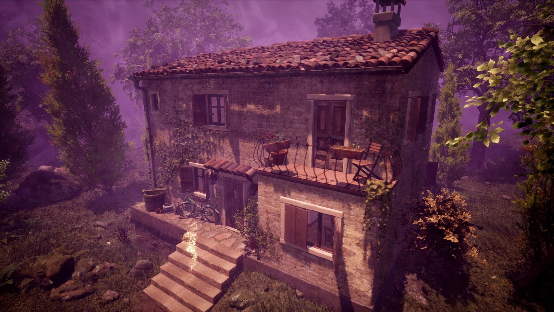 Echoes of Mora: Stone cottage with balcony chairs and bicycle, surrounded by misty purple woods.