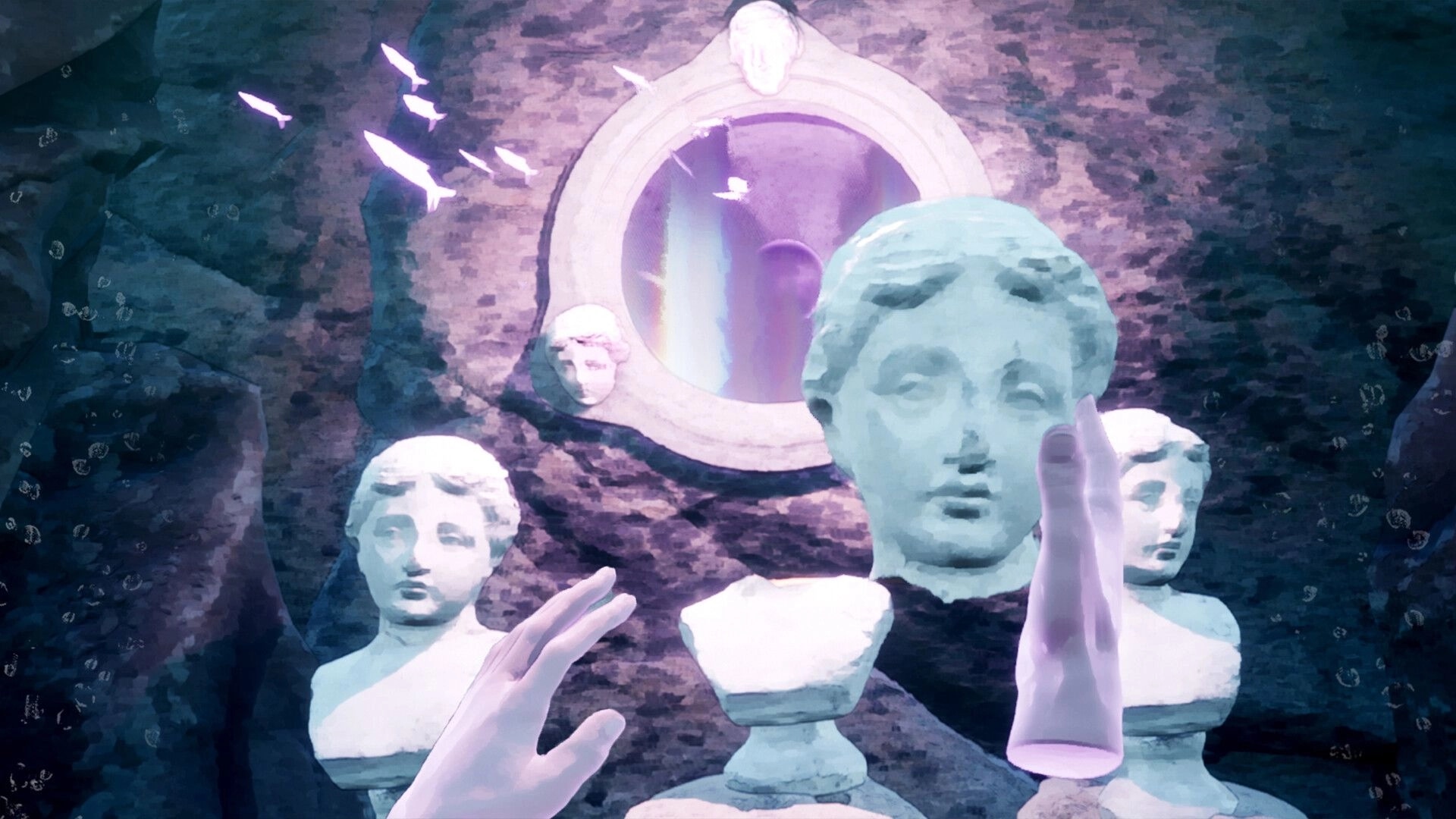 Echoes of Mora: VR hands reach toward marble busts and a glowing mirror in an underwater cave.