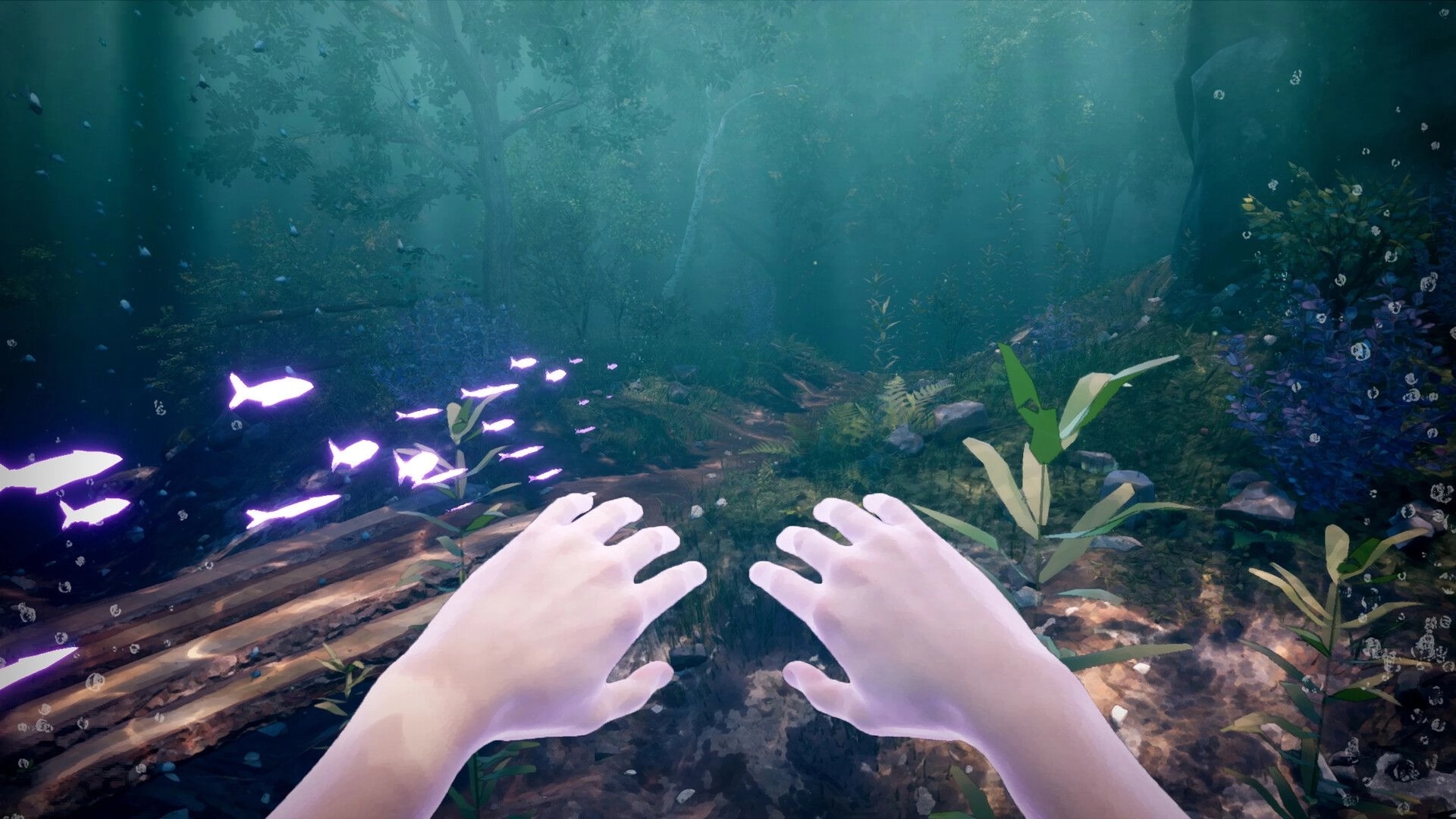 Echoes of Mora: First-person VR hands reaching underwater amid glowing fish and algae-covered ruins.