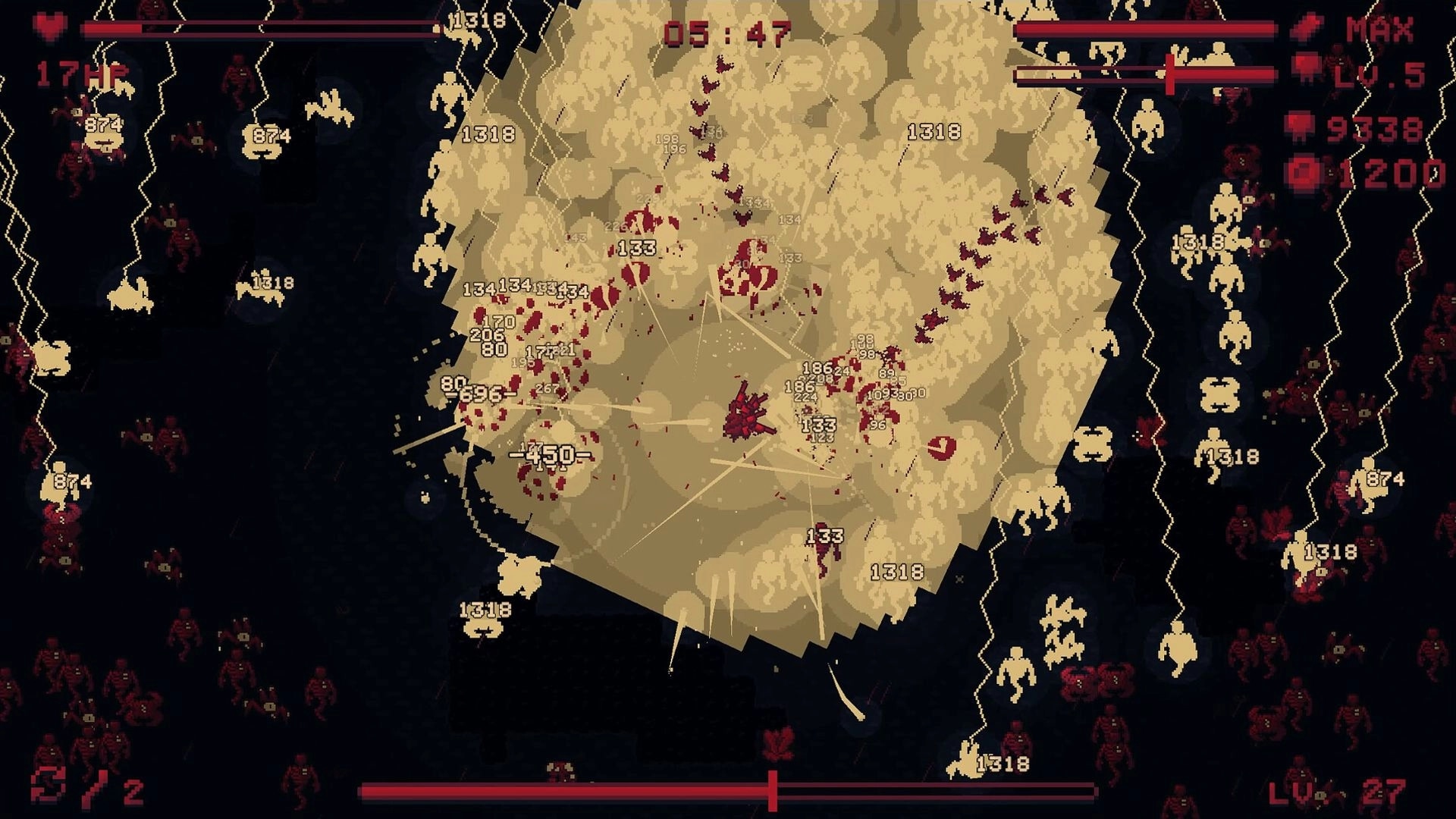 Echoes of Red: Top-down combat with numerous enemies and damage numbers in desert-like terrain