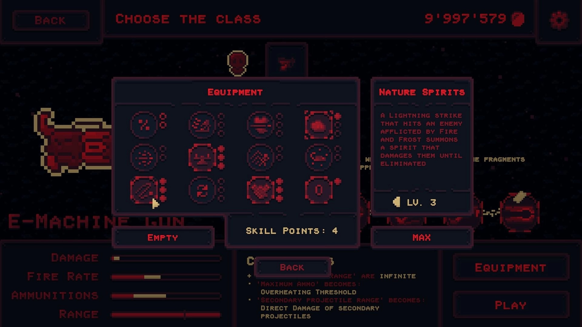 Echoes of Red: Equipment selection with skill points and class options in dark-themed game interface