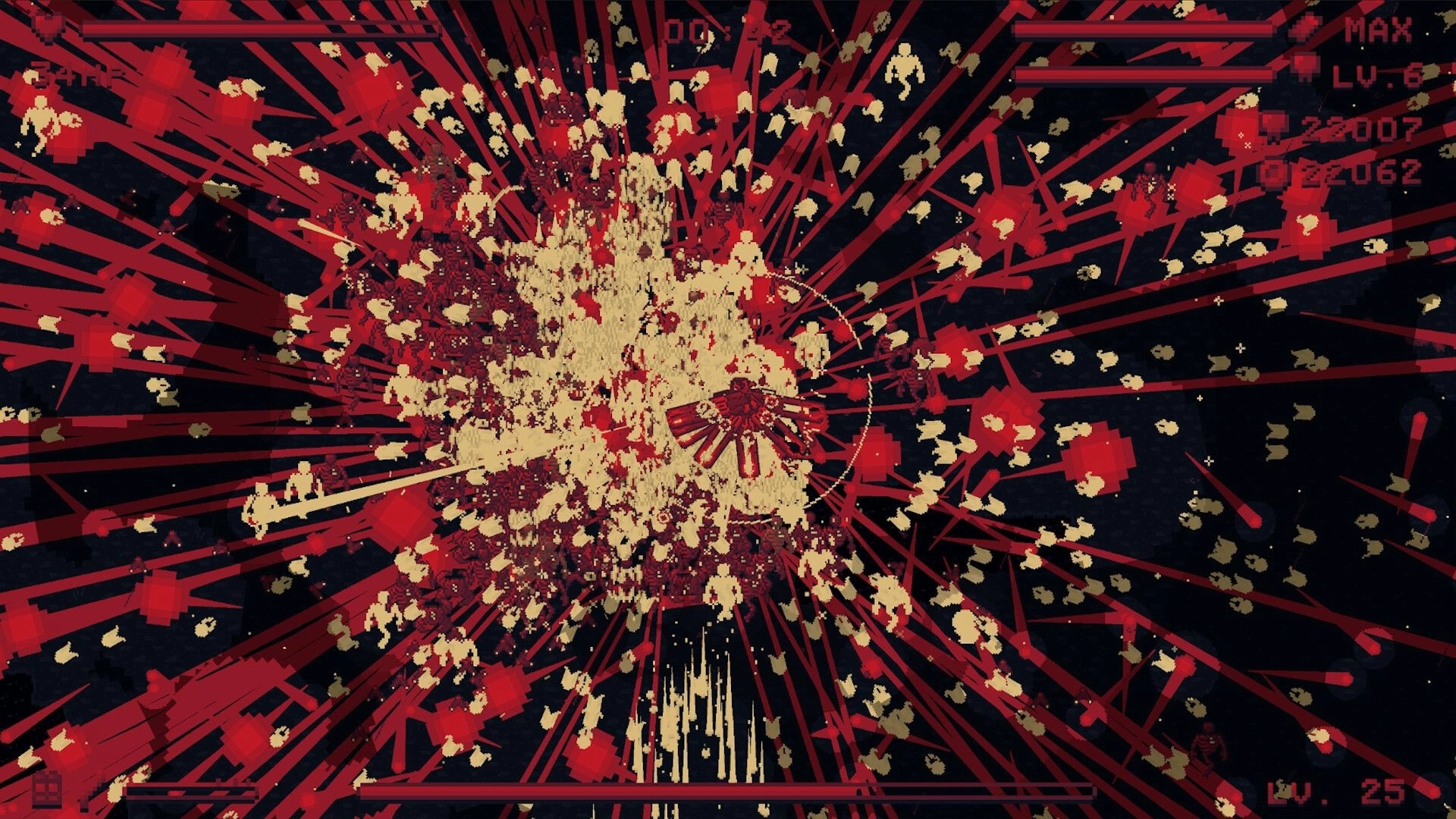 Echoes of Red: Explosive combat scene with vibrant pixelated enemies and weapon fire in dark setting