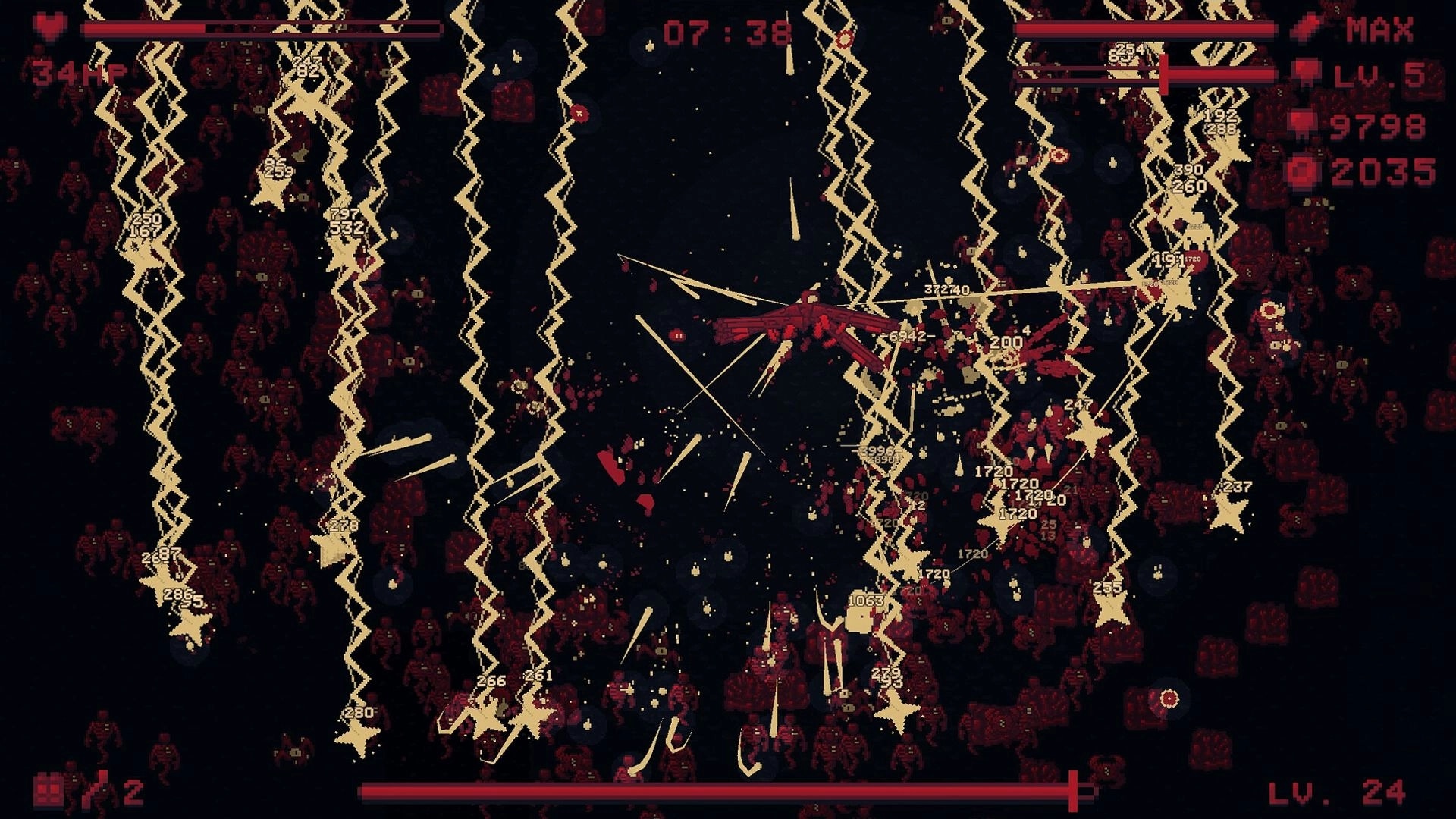 Echoes of Red: Intense battle scene with electric attacks and numerous enemies in a dark, chaotic arena.