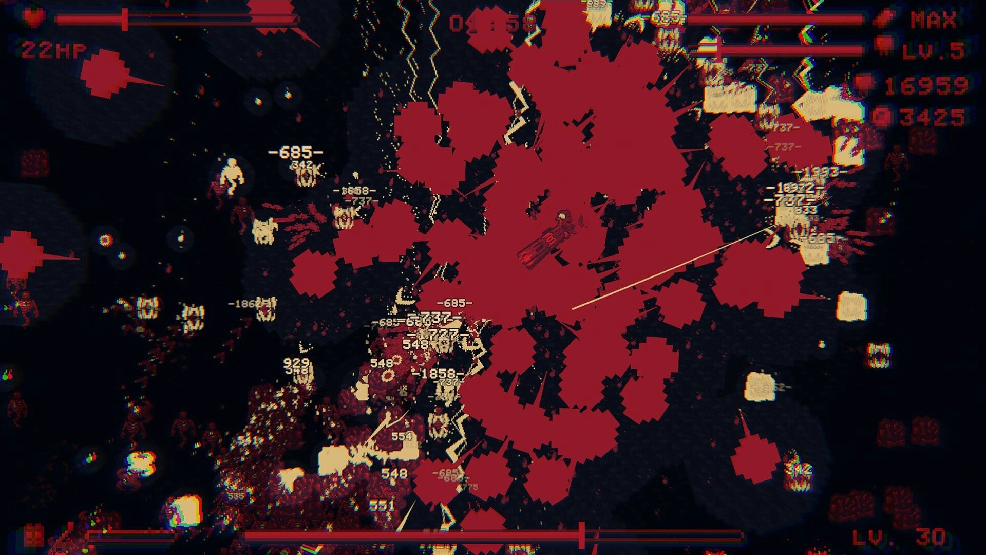Echoes of Red: Character battling swarm of enemies with explosions and health bar in dark environment