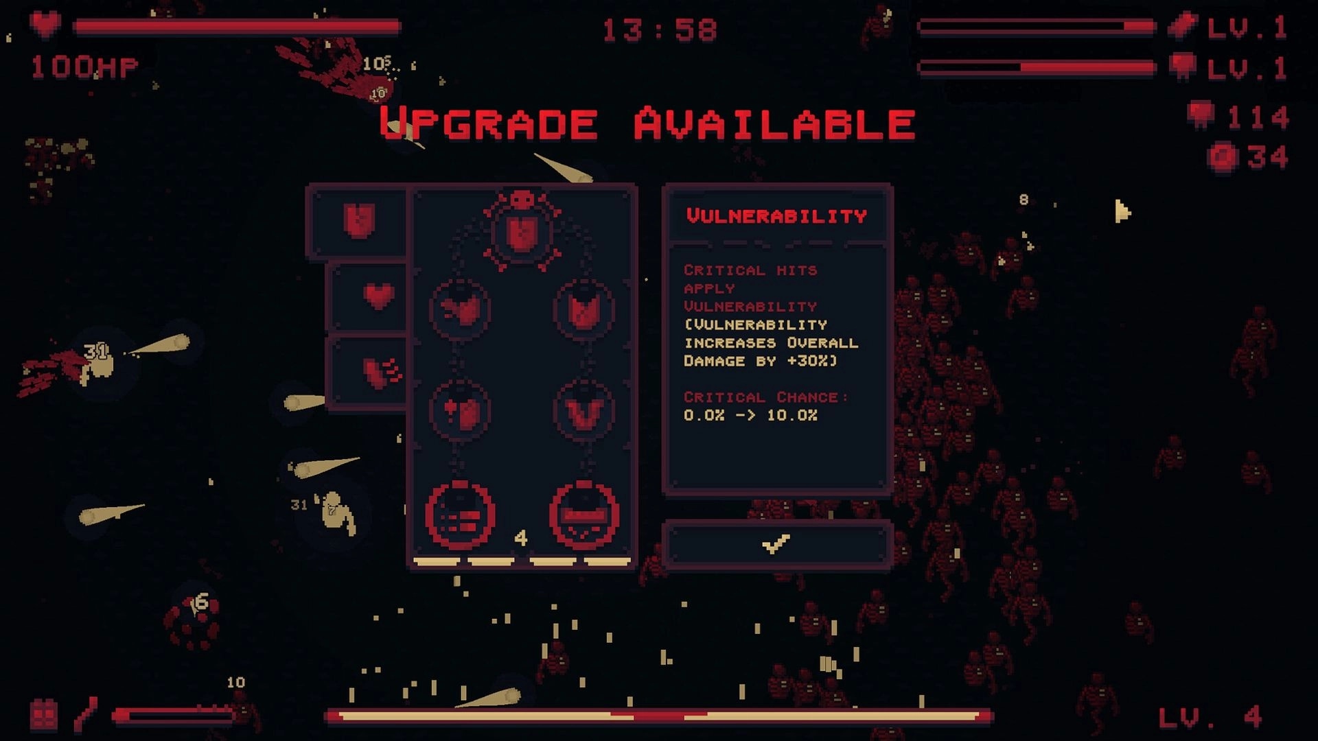 Echoes of Red: Upgrade menu with vulnerability option active, surrounded by pixel enemies in dark arena.