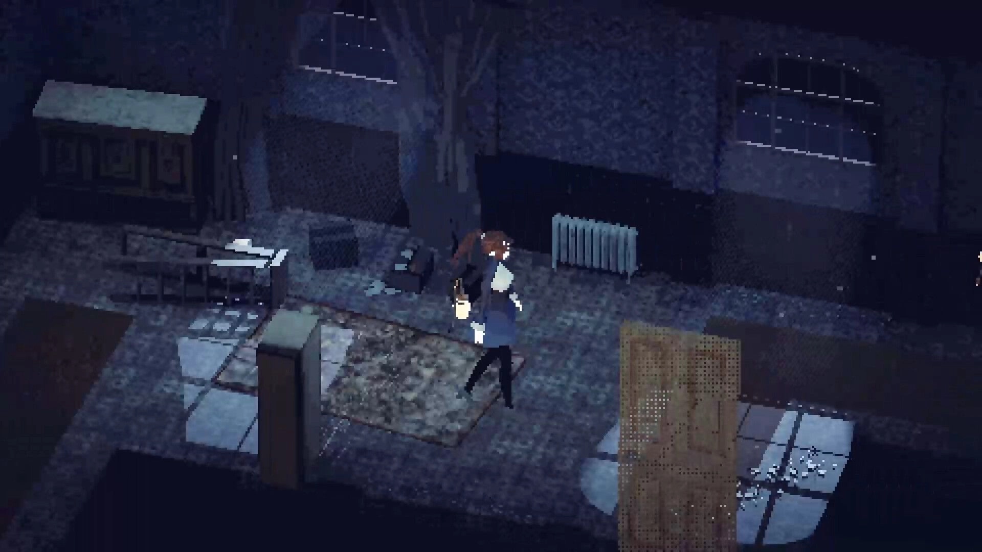 Echograph: Player character walks past rubble and a radiator in a dim, ruined courtyard at night.