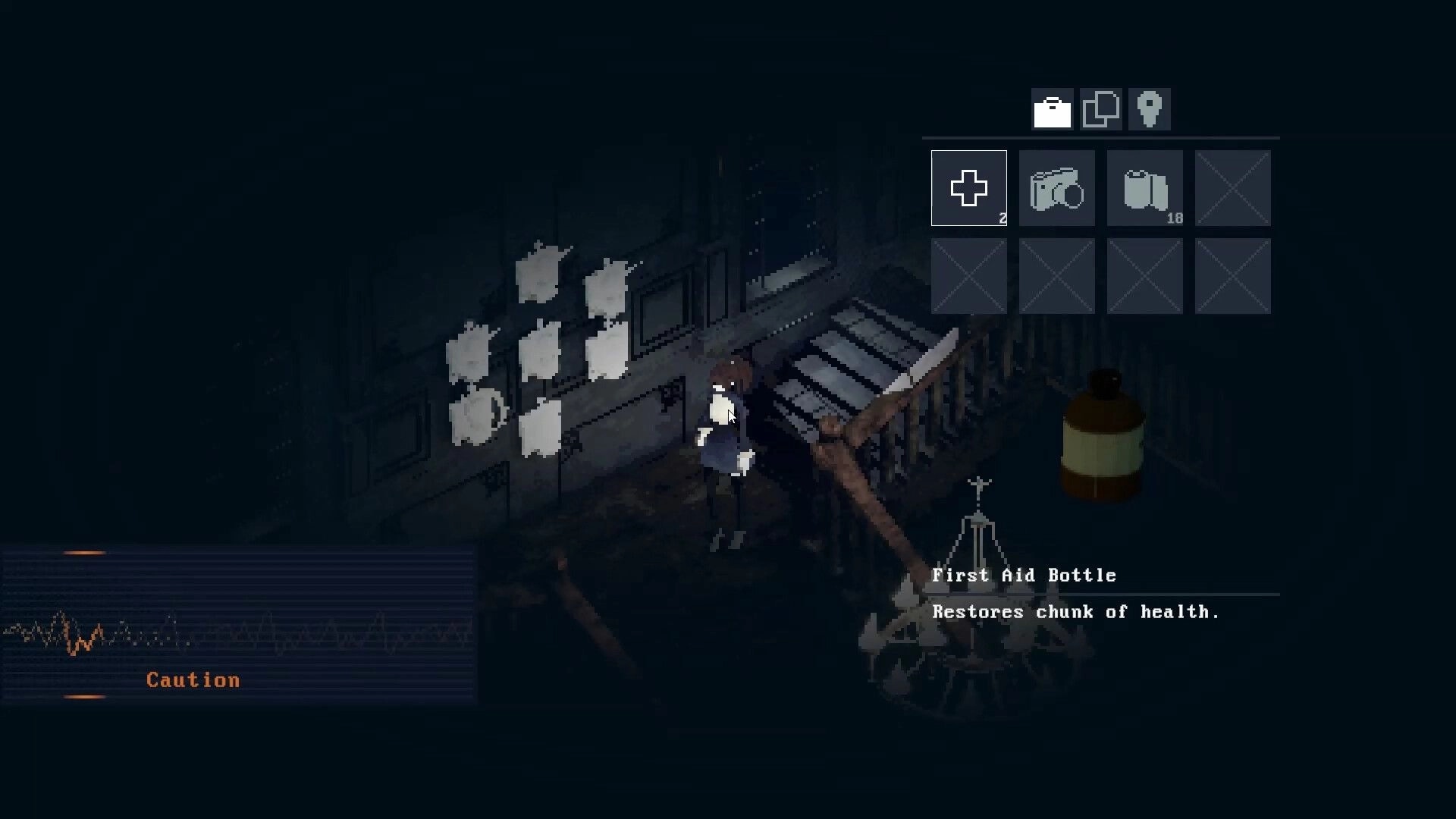 Echograph: Inventory open highlighting First Aid Bottle beside a character on a dark stair landing.