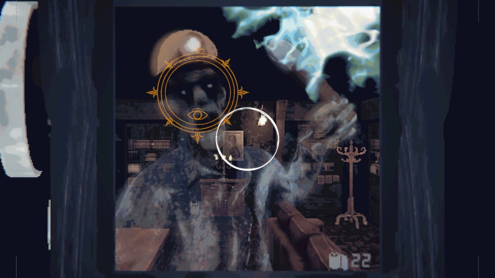 Echograph: Camera view aiming at a ghostly miner indoors with focus reticle and photo counter UI.