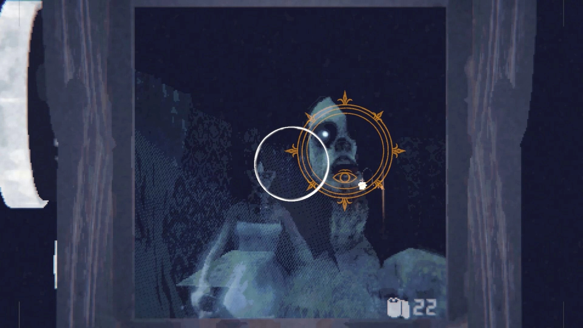 Echograph: Camera view aims at a ghostly face with targeting reticle and film count in dark room.