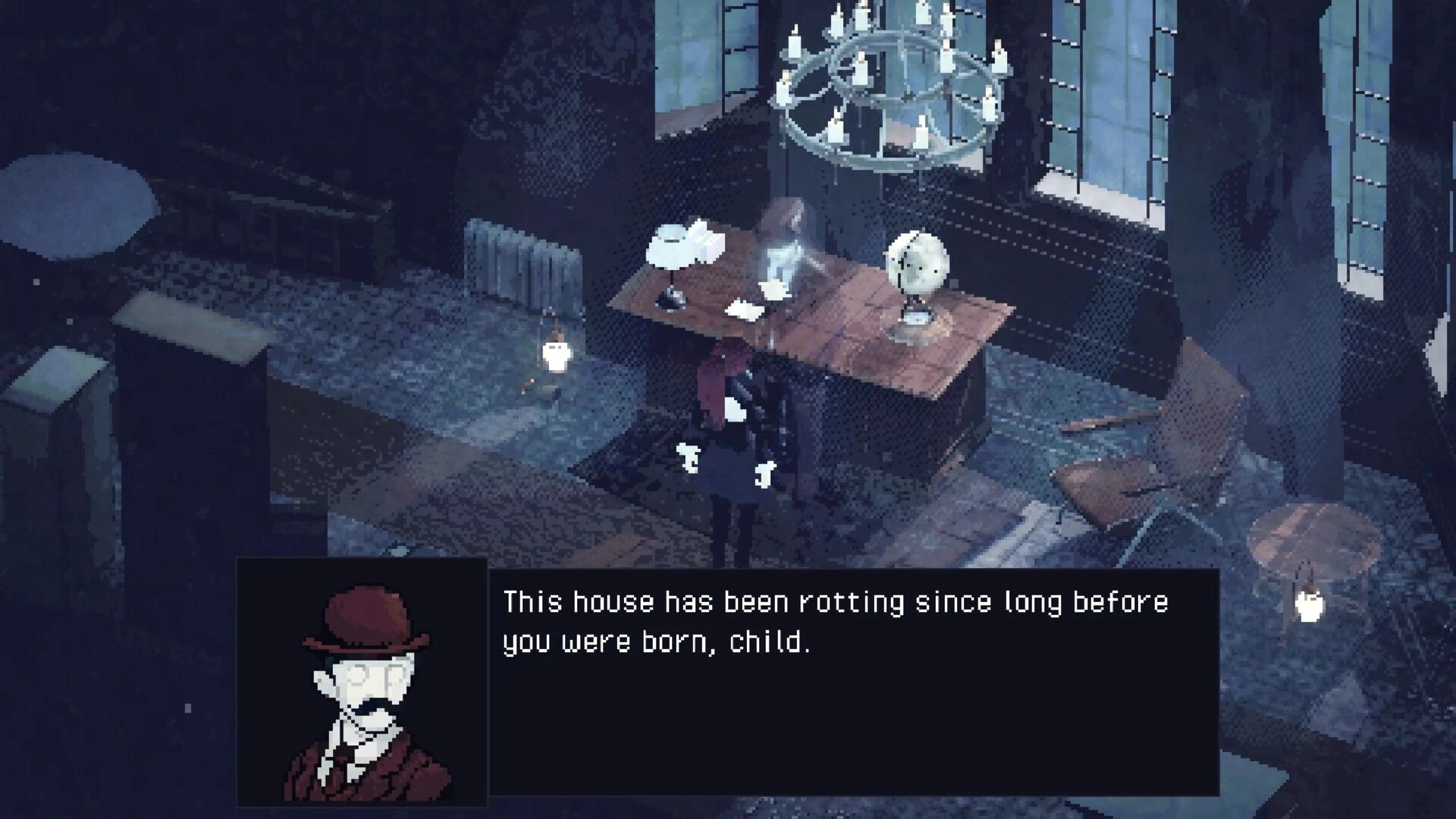 Echograph: Dialogue box with portrait as player stands by desk in crumbling mansion room under chandelier.