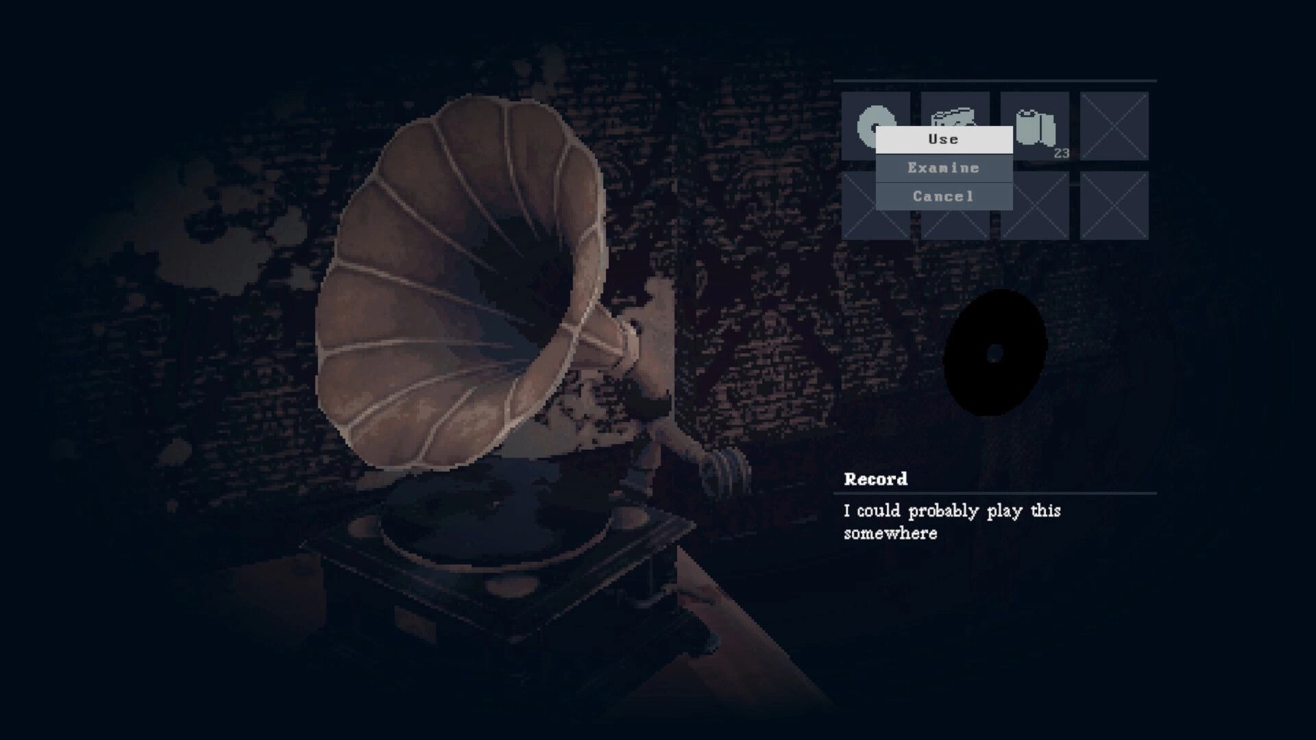 Echograph: Inventory menu selecting Use on a record beside a gramophone in a dim brick room.