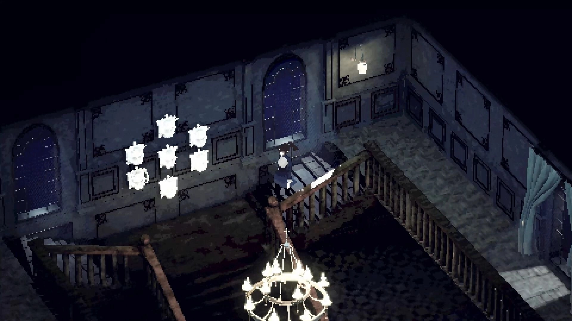 Echograph: Player character on staircase near glowing ghost orbs in a dim mansion hallway with windows.