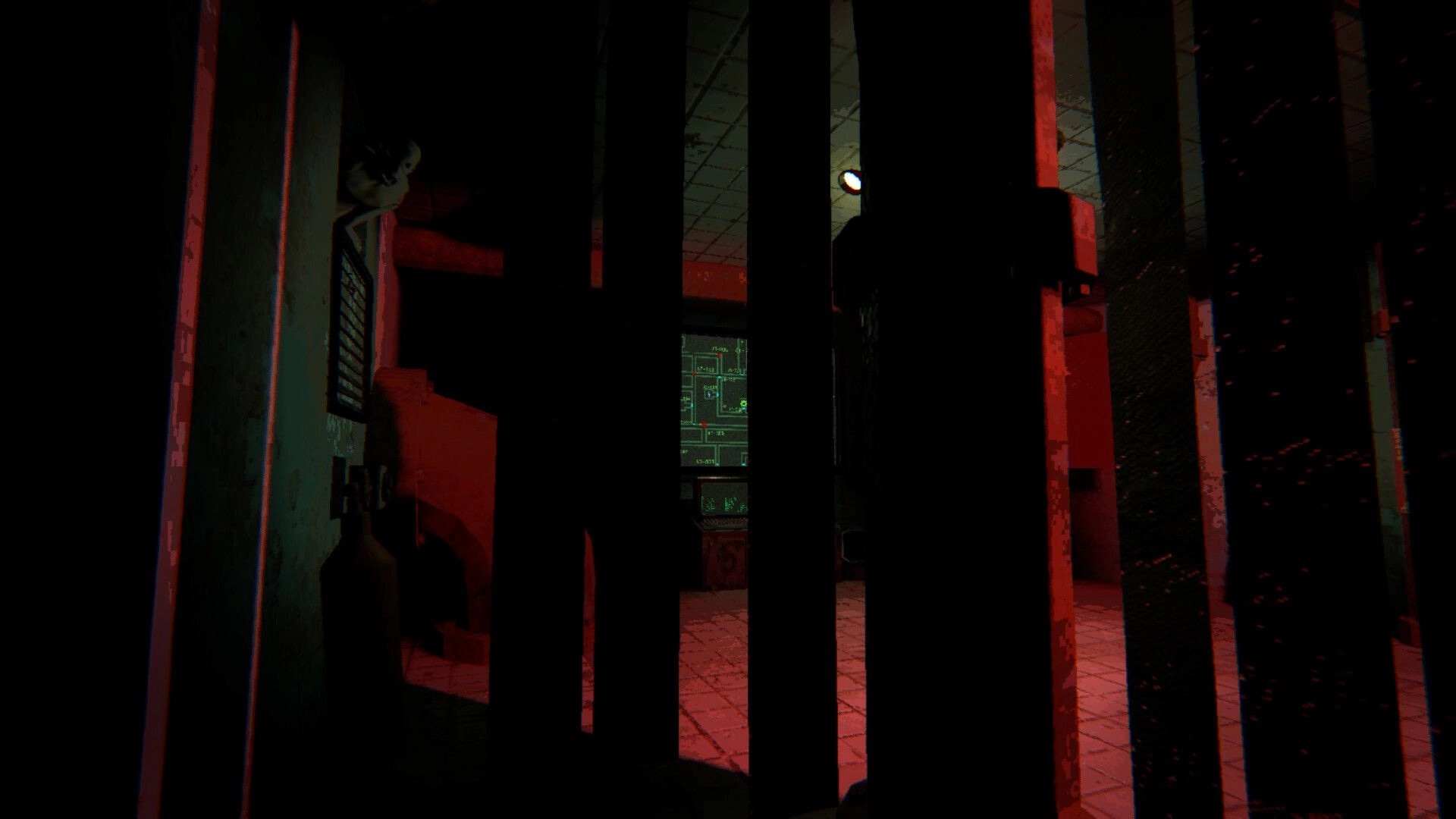 Echograve: View through metal bars into red-lit control room with green terminal map screen glowing.