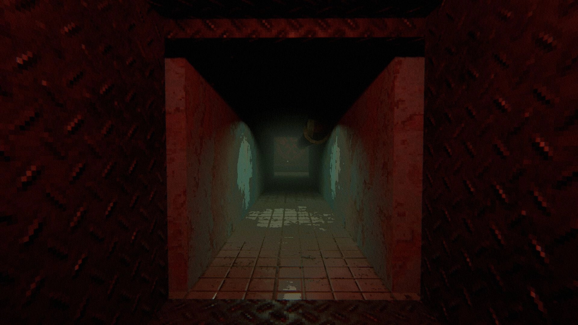 Echograve: First-person view down a dim tiled corridor with stained walls and flickering light ahead.
