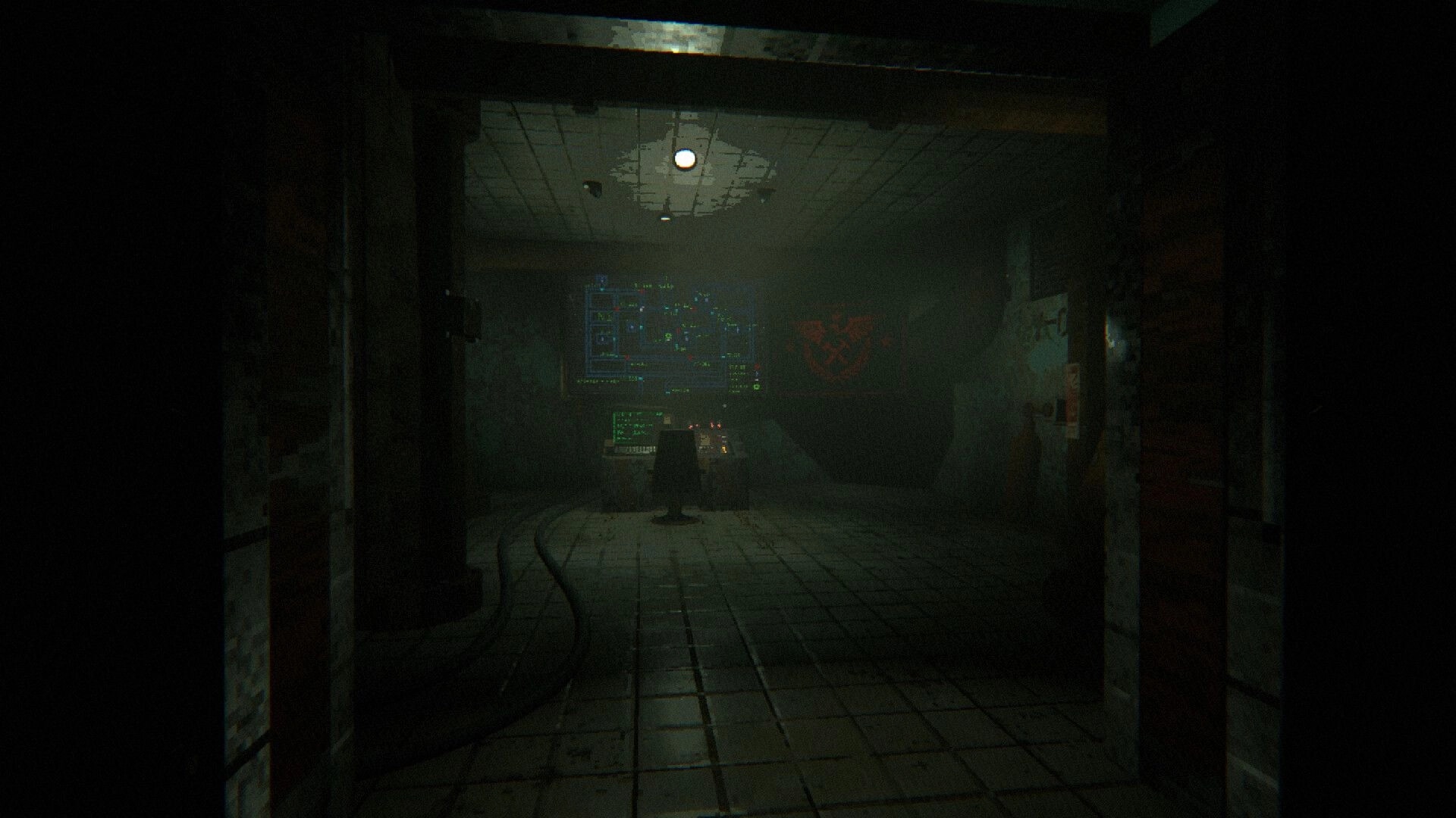 Echograve: Empty control room with glowing terminal monitors and chair in a dim, foggy corridor.