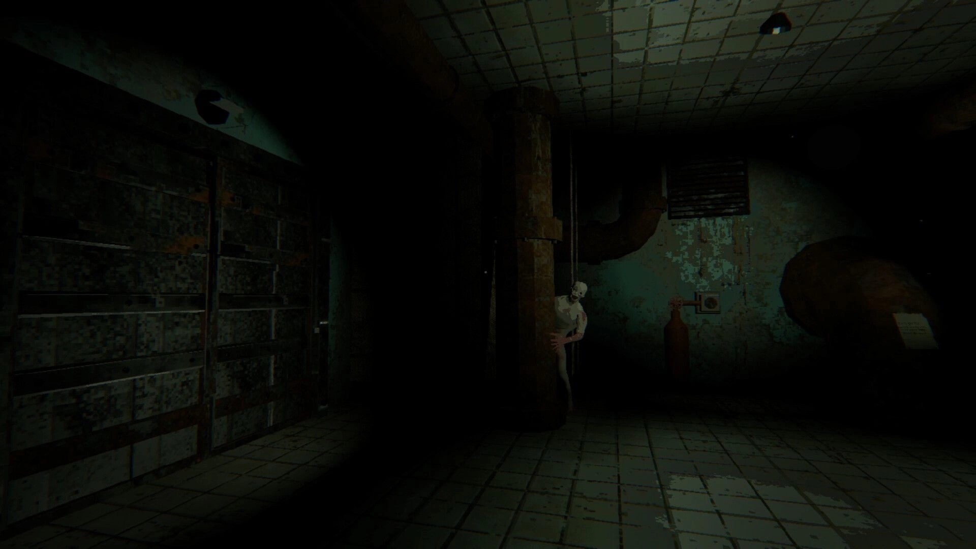 Echograve: Pale humanoid peeks from behind a pillar in a grimy, dimly lit tiled utility room.