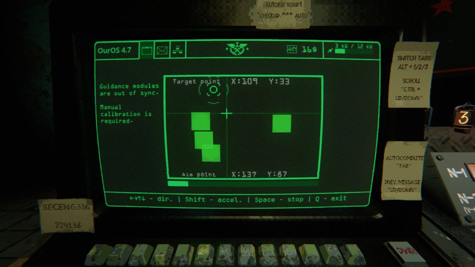 Echograve: Terminal calibration map with green squares and target coordinates in dim control room.