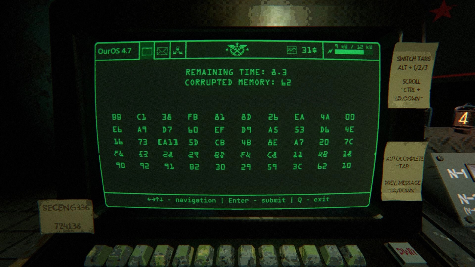 Echograve: Terminal memory puzzle with hex grid and timer on a green CRT screen in cluttered desk setup.