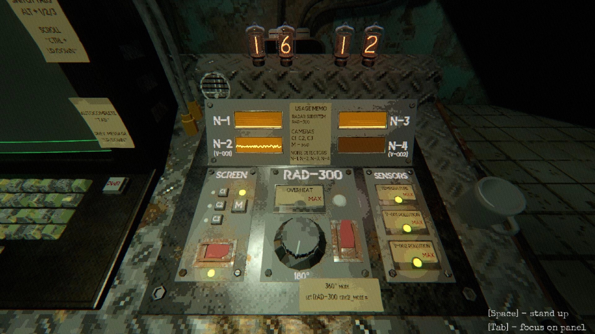 Echograve: Radar control console with N-1 to N-4 readouts and sensor dials in grimy bunker room.