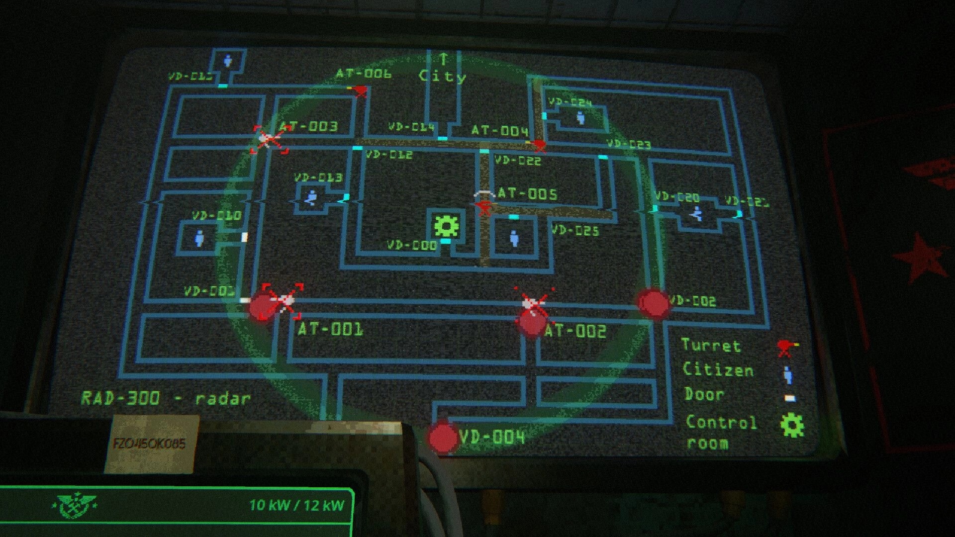 Echograve: RAD-300 radar map with turret nodes and citizen icons across underground city grid.