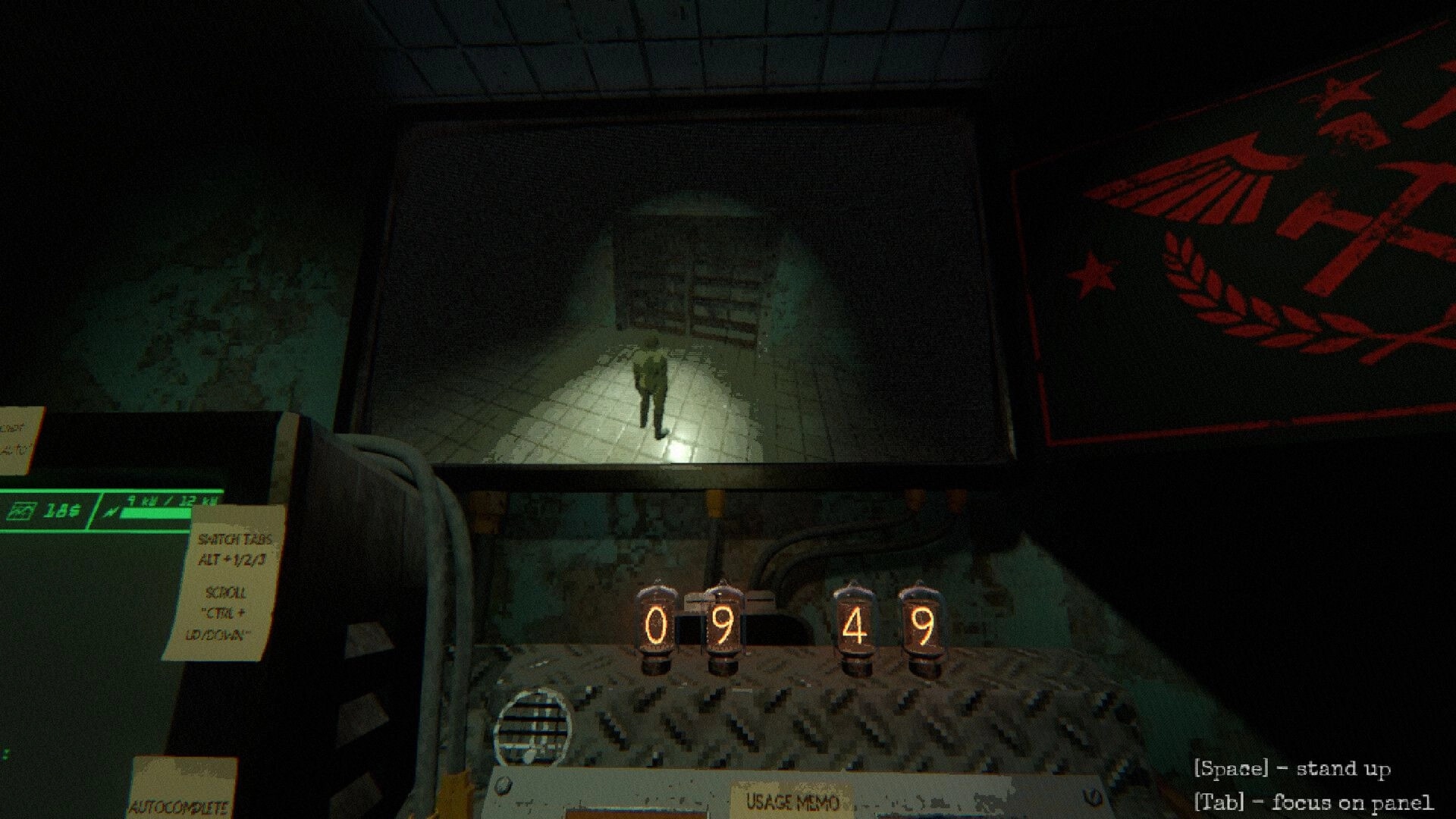 Echograve: Control room monitor shows lone figure in corridor, with glowing number tubes on a panel.