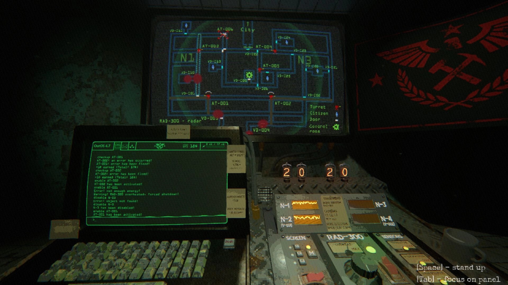 Echograve: Terminal logs and city map display beside radar control panel in a dim bunker office.