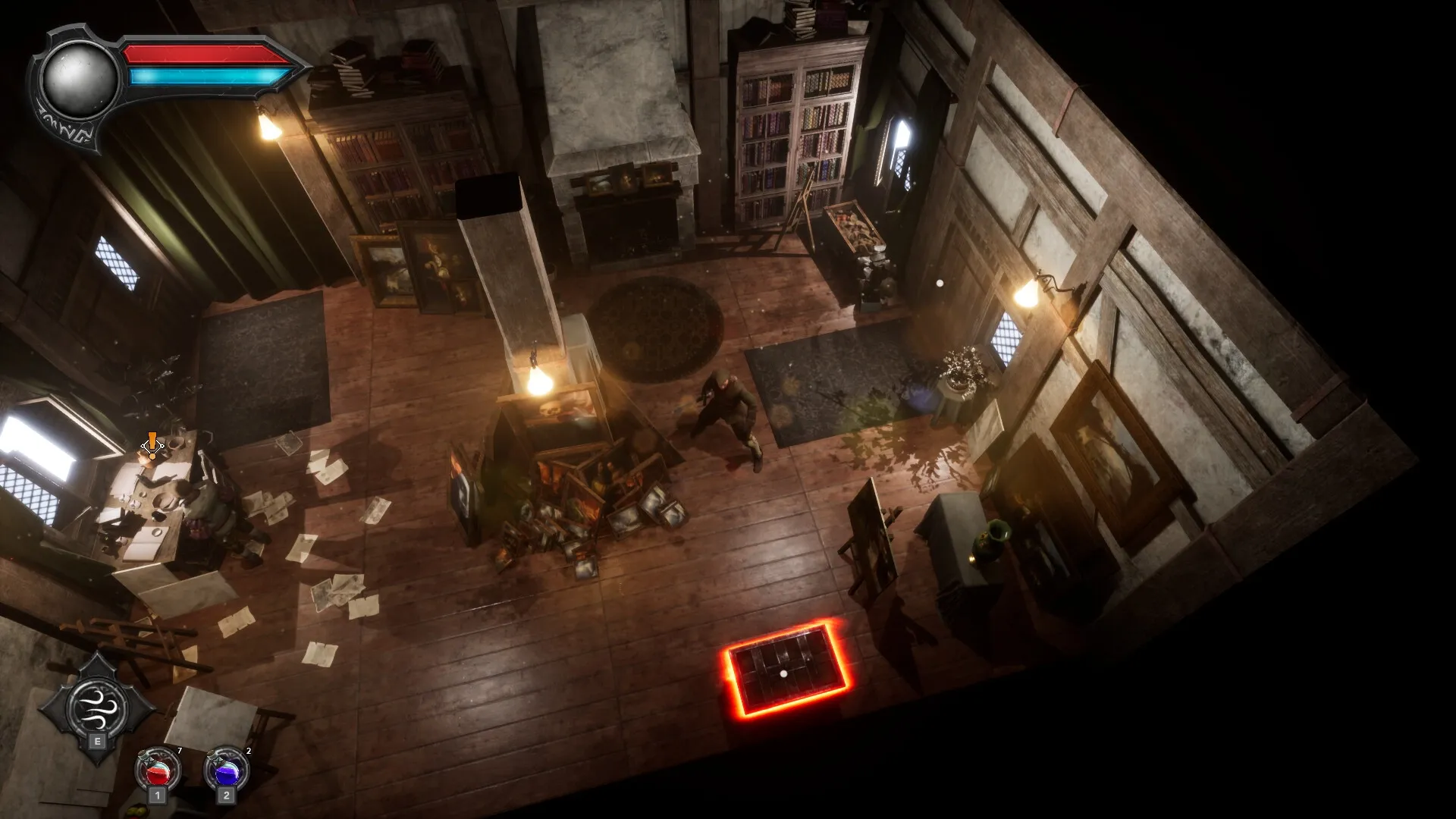 Eclipse 2: Character exploring a dimly lit study with bookshelves, paintings, and an illuminated trapdoor