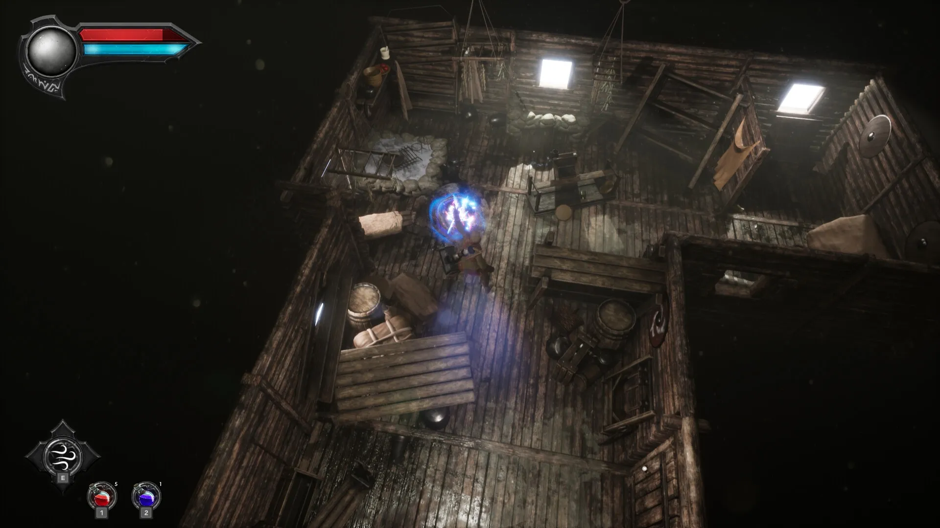 Eclipse 2: Character casting spell inside a wooden cabin with visible health and mana bars