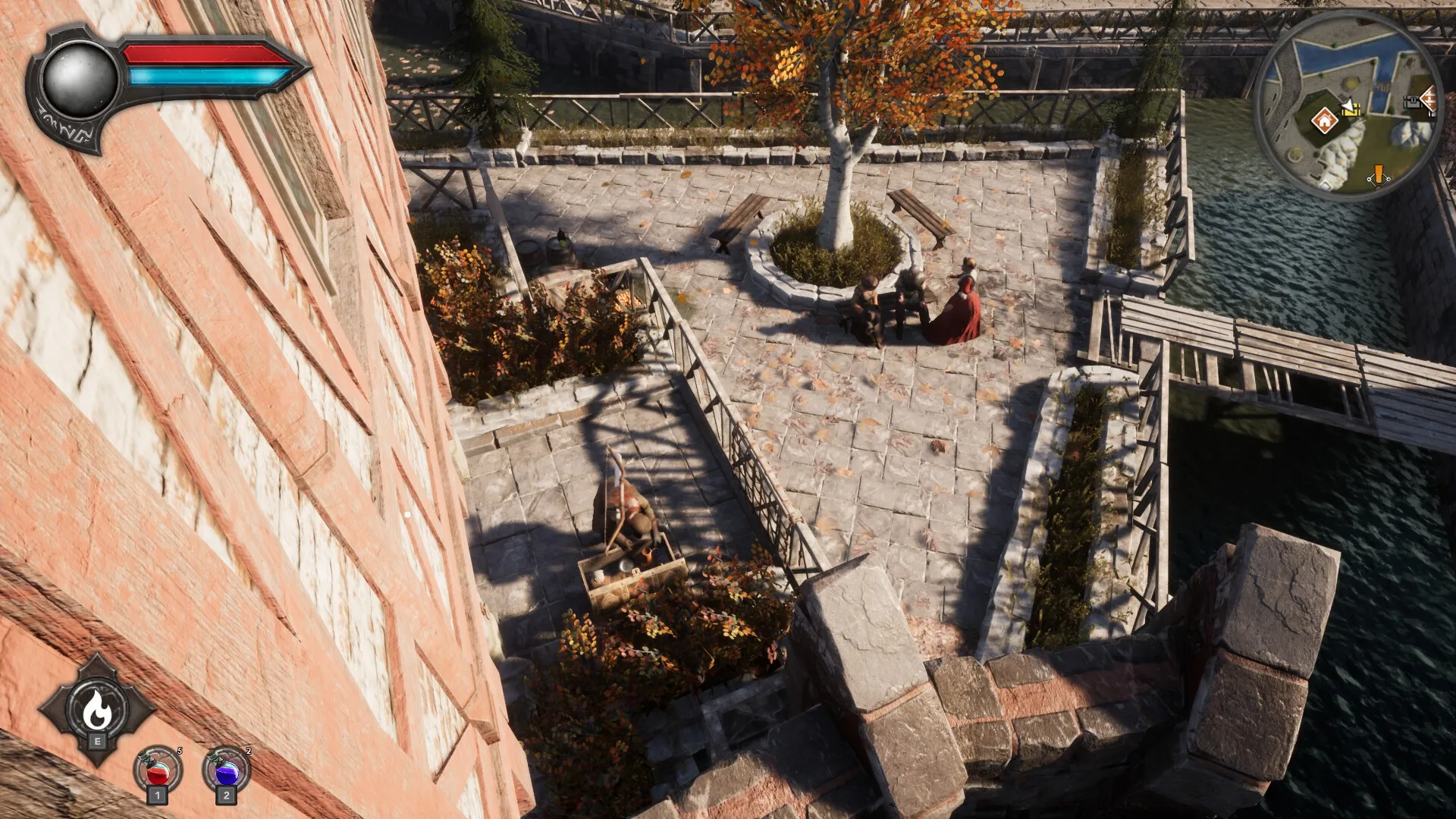Eclipse 2: Overhead view of medieval courtyard with benches, NPCs, and a health bar UI on screen