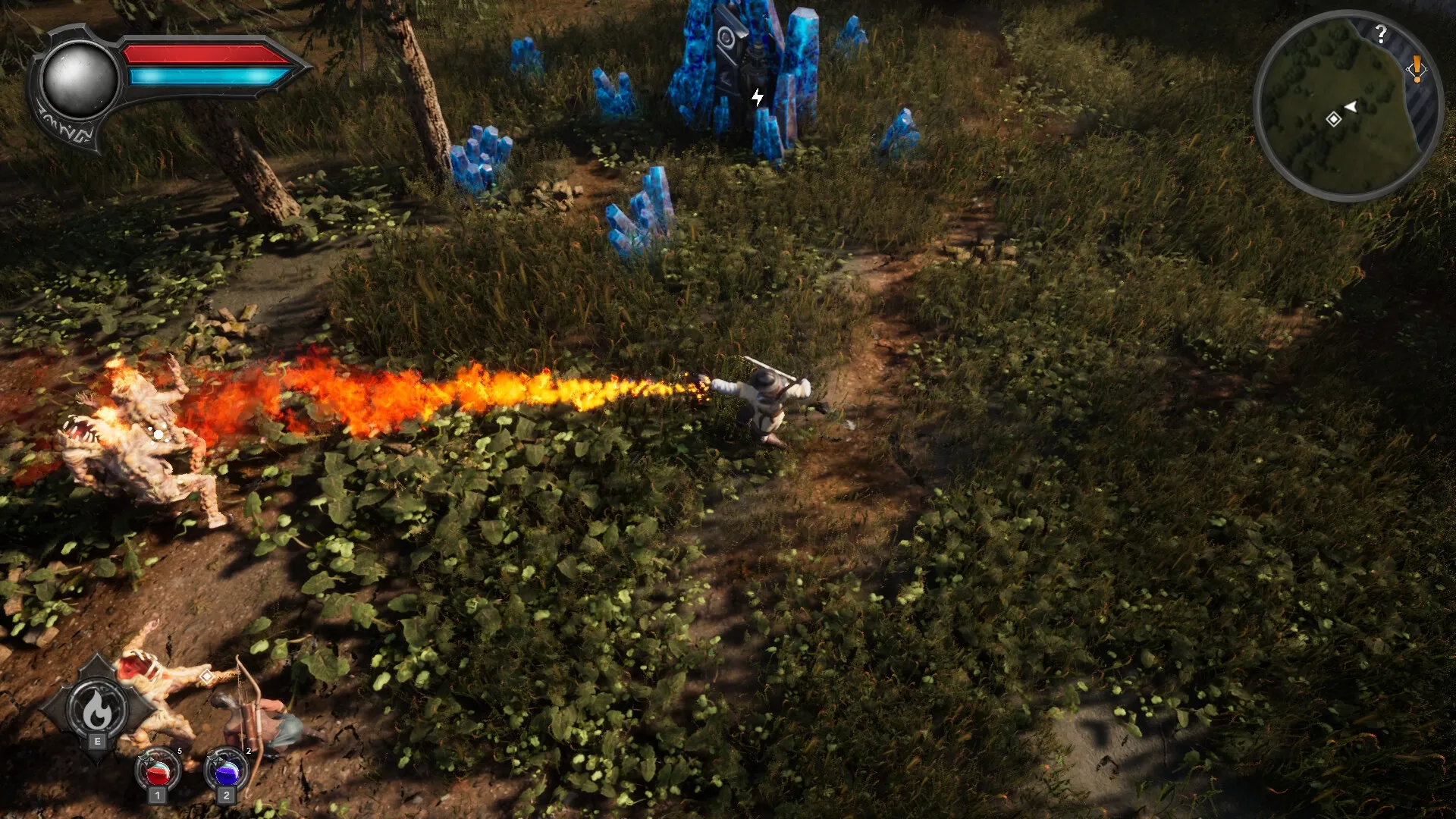 Eclipse 2: Character using flamethrower attack on enemies in a grassy field with crystal formations.