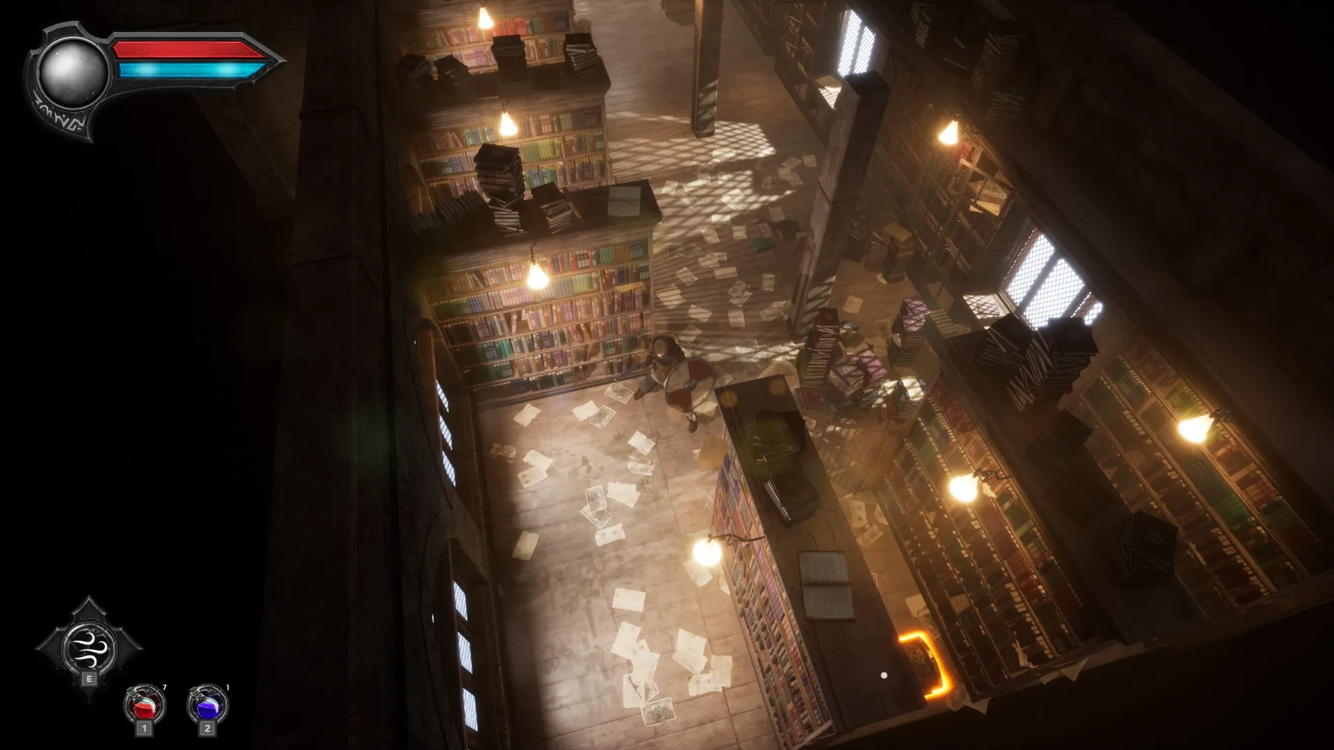 Eclipse 2: Character exploring a dimly lit library with scattered papers and stacked bookcases
